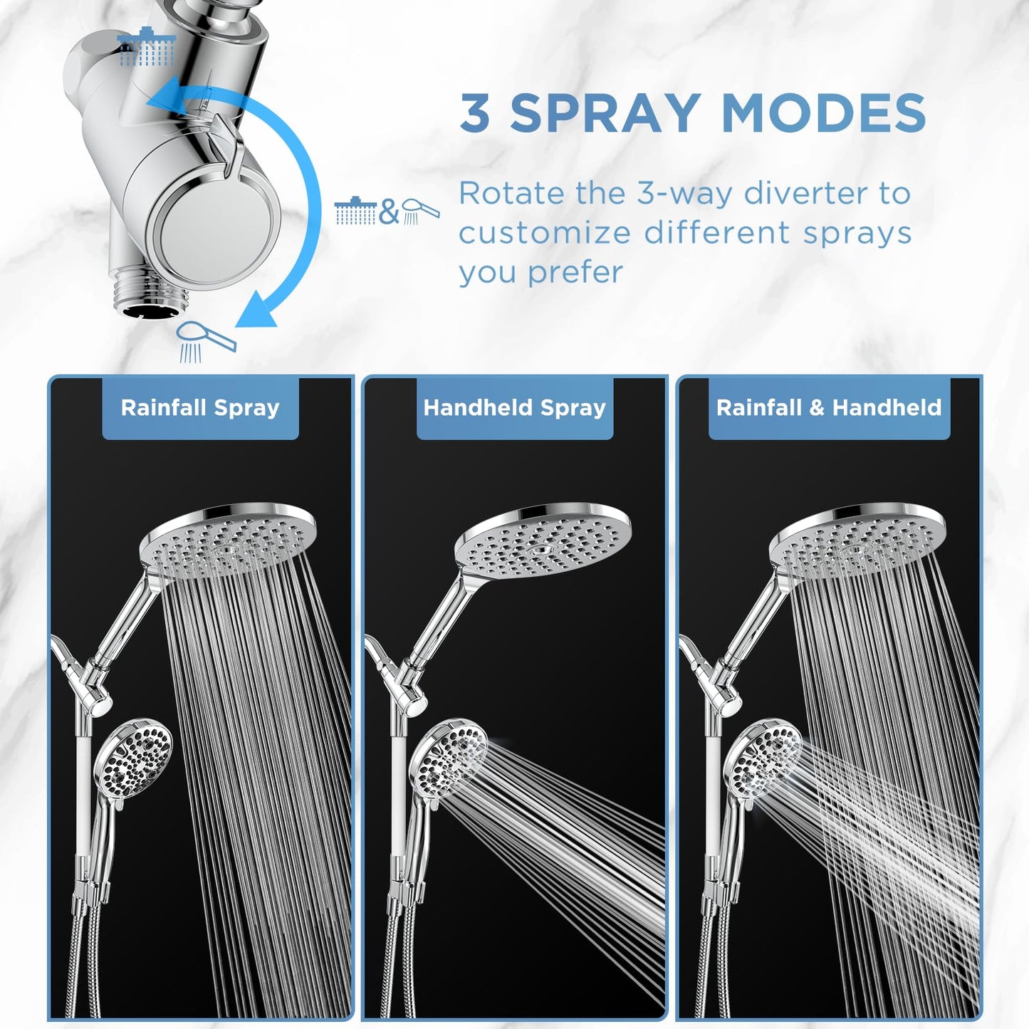MakeFit Rain Shower Heads System, 3-Spray Dual Shower Head with Solid Brass Adjustable Bar, Rainfall Showerhead with 10 Settings High Pressure Handheld Spray, Buit-in Power Wash Mode (Chrome)