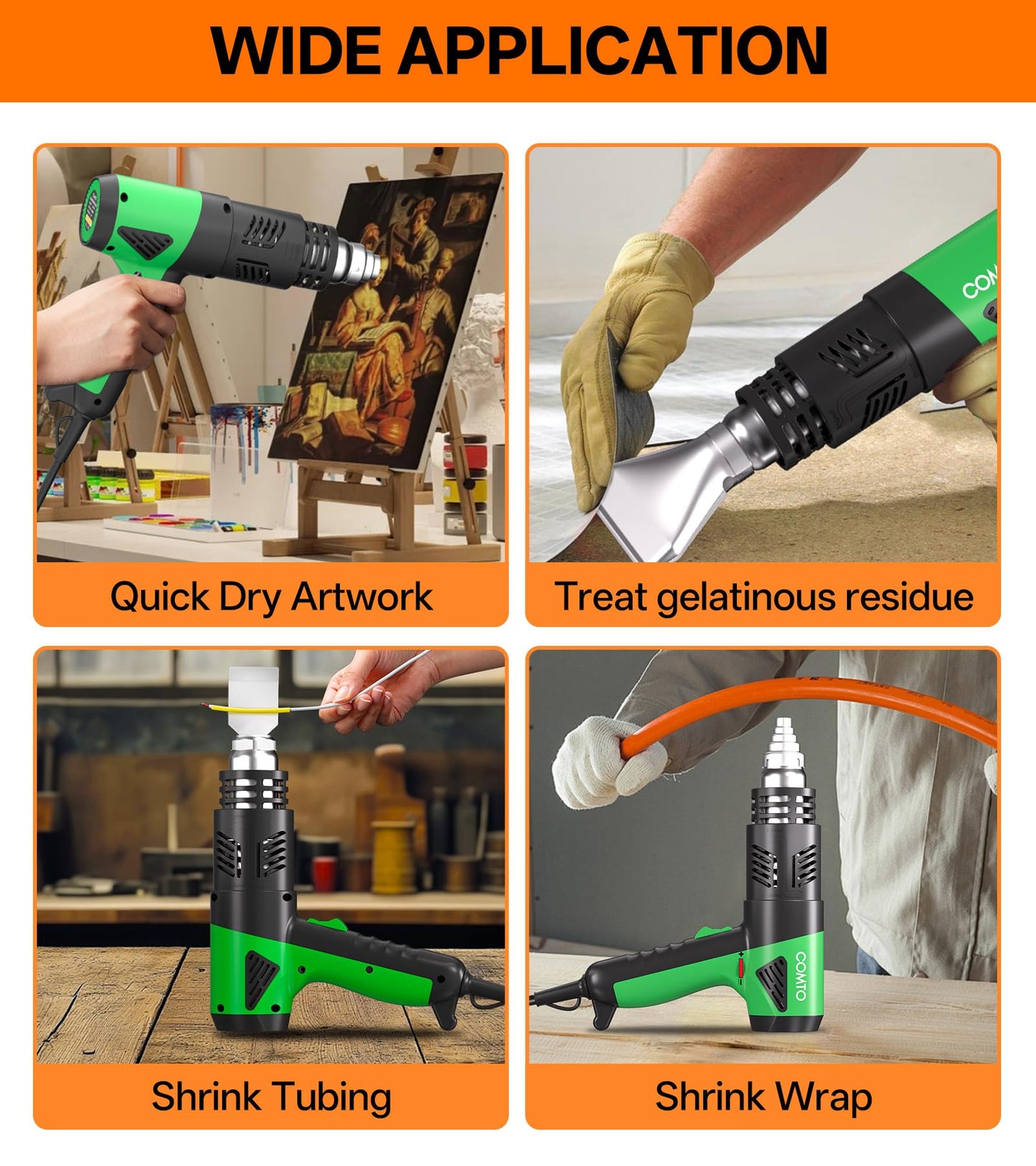 COMTO 1800W Industrial Heat Gun, Fast Heating 122℉-1202℉ Variable Temperature Control Overheat Protection 2 Speed Air Flow with 4 Nozzles for Crafts, Shrinking Tubing, Vinyl Wrap (SG-1004)