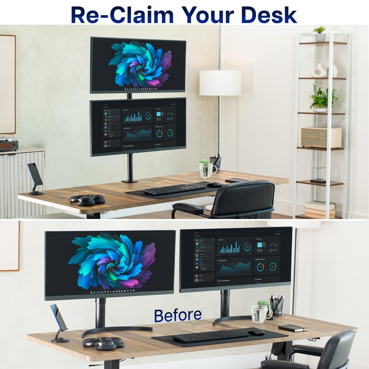 VIVO Dual Vertically Stacked Monitor Desk Mount, Extra Tall Adjustable Stand for 2 Ultrawides up to 34 inches, 22 lbs Capacity, Black, STAND-V002T