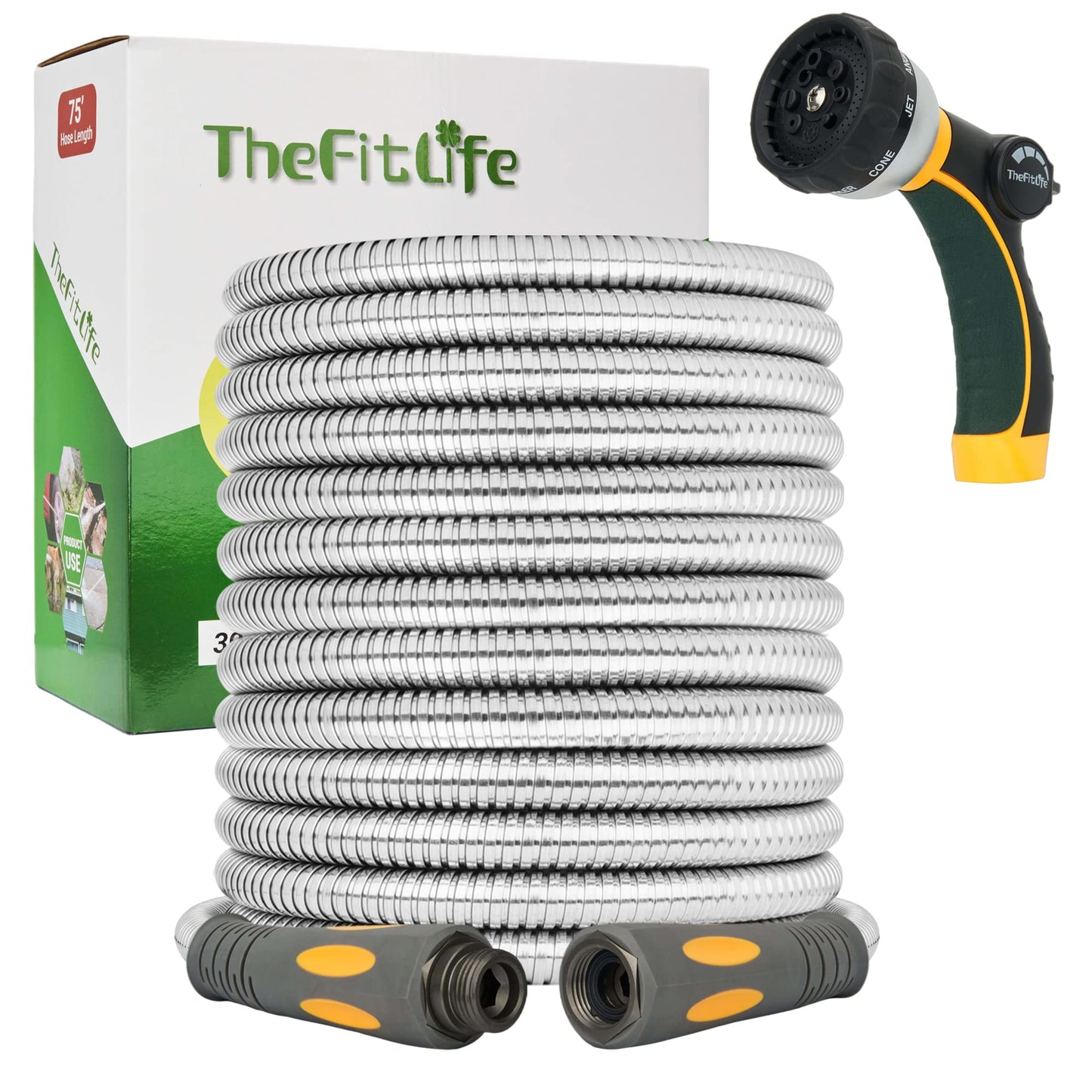 TheFitLife Flexible Metal Garden Hose - Lightweight Stainless Steel Water Hose with Solid Fittings and Sprayer Nozzle - Leak Proof Kink Free, Anti-rust, Large Diameter, Durable and Easy Storage (75FT)