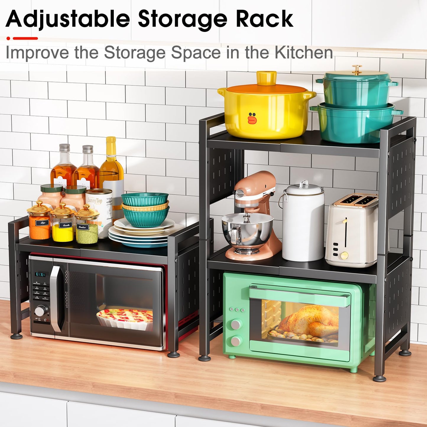 Expandable Microwave Stand,Heavy Duty 3-Tier Adjustable Height Microwave Oven Rack with 9 Hooks, Towel Rack, and Cutting Board Holder, Countertop Kitchen Shelf Organizer, Holds up to 180 lbs, Black
