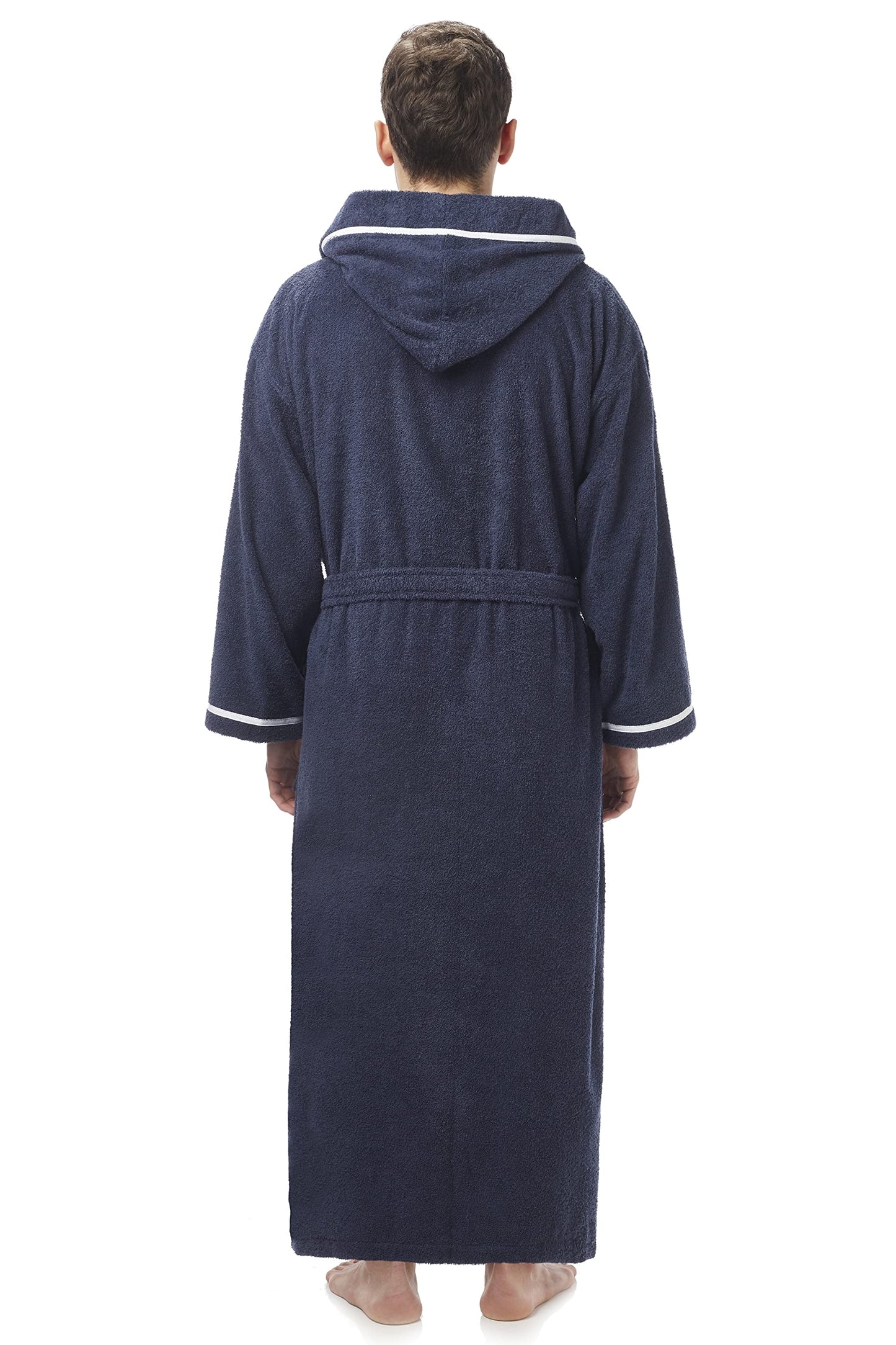 Arus Men's Hooded Classic Bathrobe Turkish Cotton Robe with Full Length Options, Navy Blue With White Border, XX-Large Extra Tall