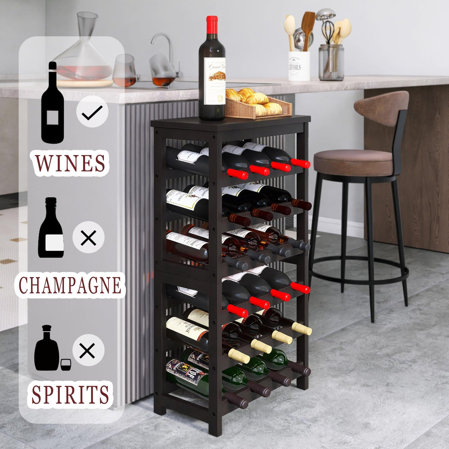 STELLSTAR 24 Bottle Wine Rack Freestanding Floor, 6 Tier Wine Display Storage Shelves with Tabletop, Bamboo Wine Bottle Holder Stand with Wave Bars for Kitchen Dining Room Pantry, Black