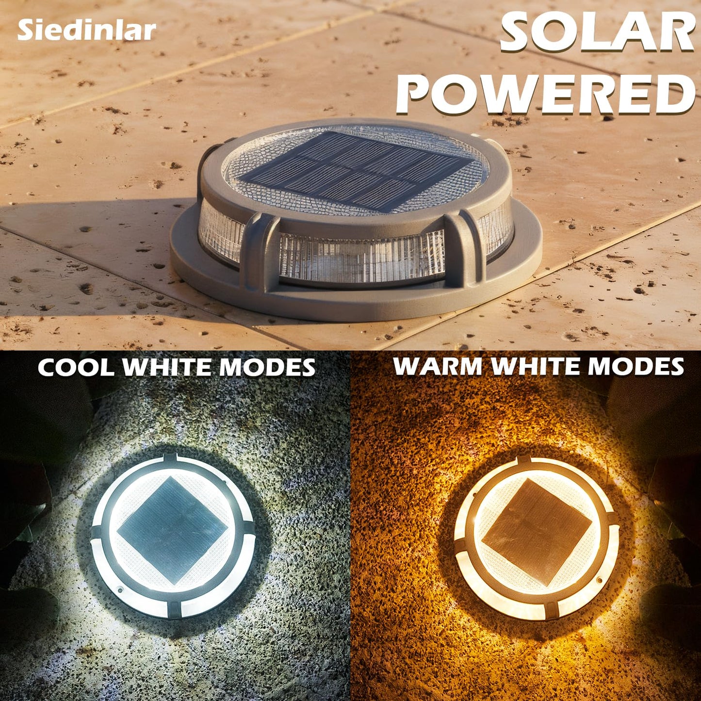 SIEDiNLAR Solar Deck Lights Outdoor 2 Modes 16 LEDs Driveway Markers Dock Light Solar Powered Waterproof for Ground Step Pathway Walkway Stair Garden Road Yard 4 Pack (Cool White/Warm White)
