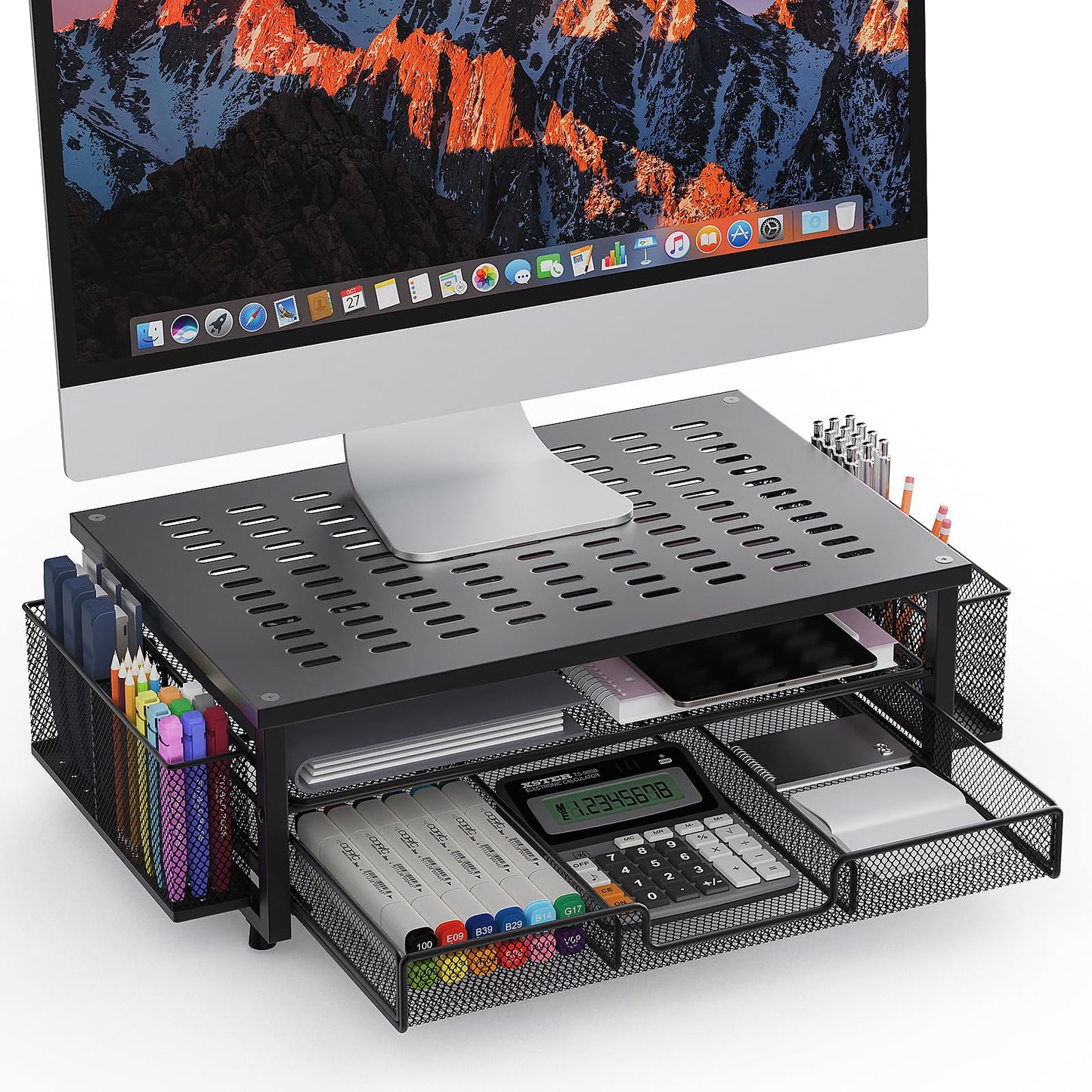 Metal Monitor Stand Riser with Heat Dissipation Holes, 2-Tier Computer Desk Organizer with Drawer & Pen Holders for Laptop, iMac, PC (Black)