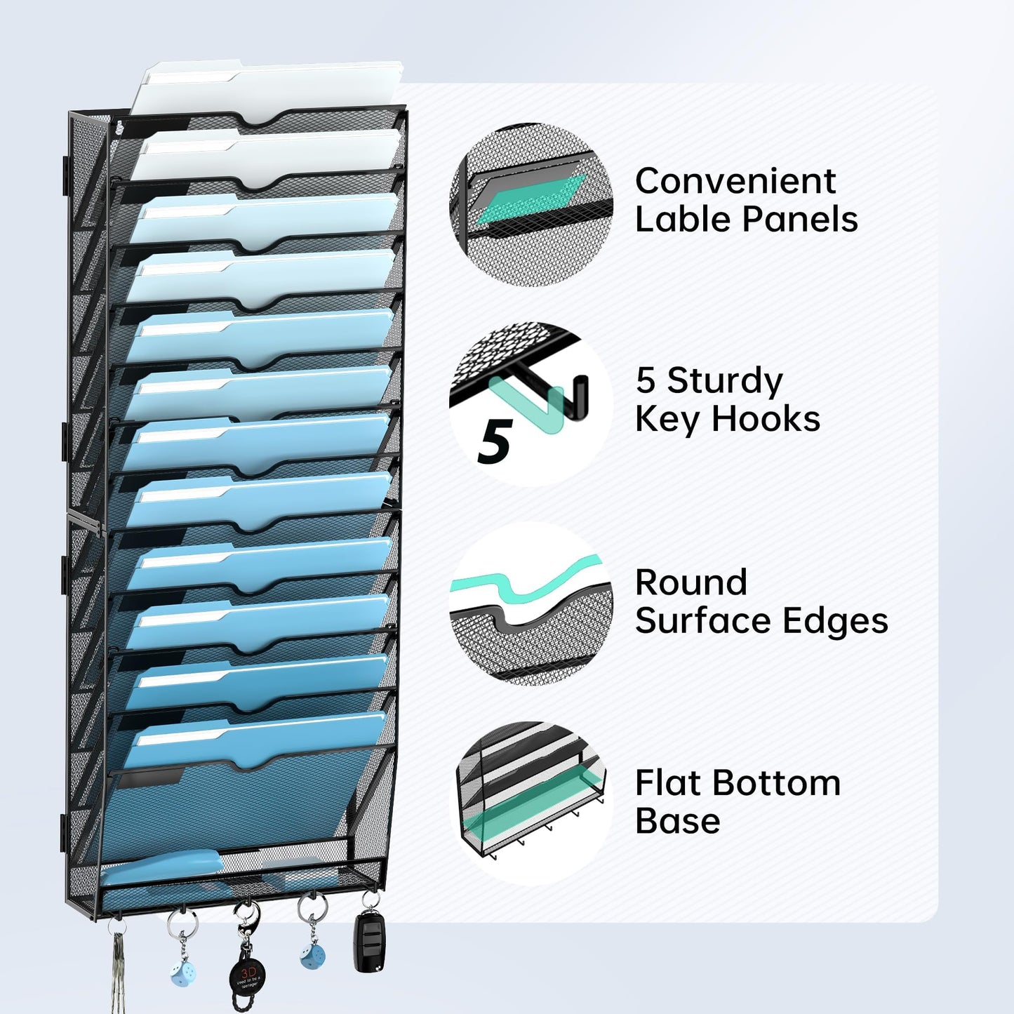 SUPEASY 13-Tier Hanging File Organizer Vertical Wall File Organizer Wall File Holder, Mesh Magazine Rack Mail Document Organizer for Office School Home,Black