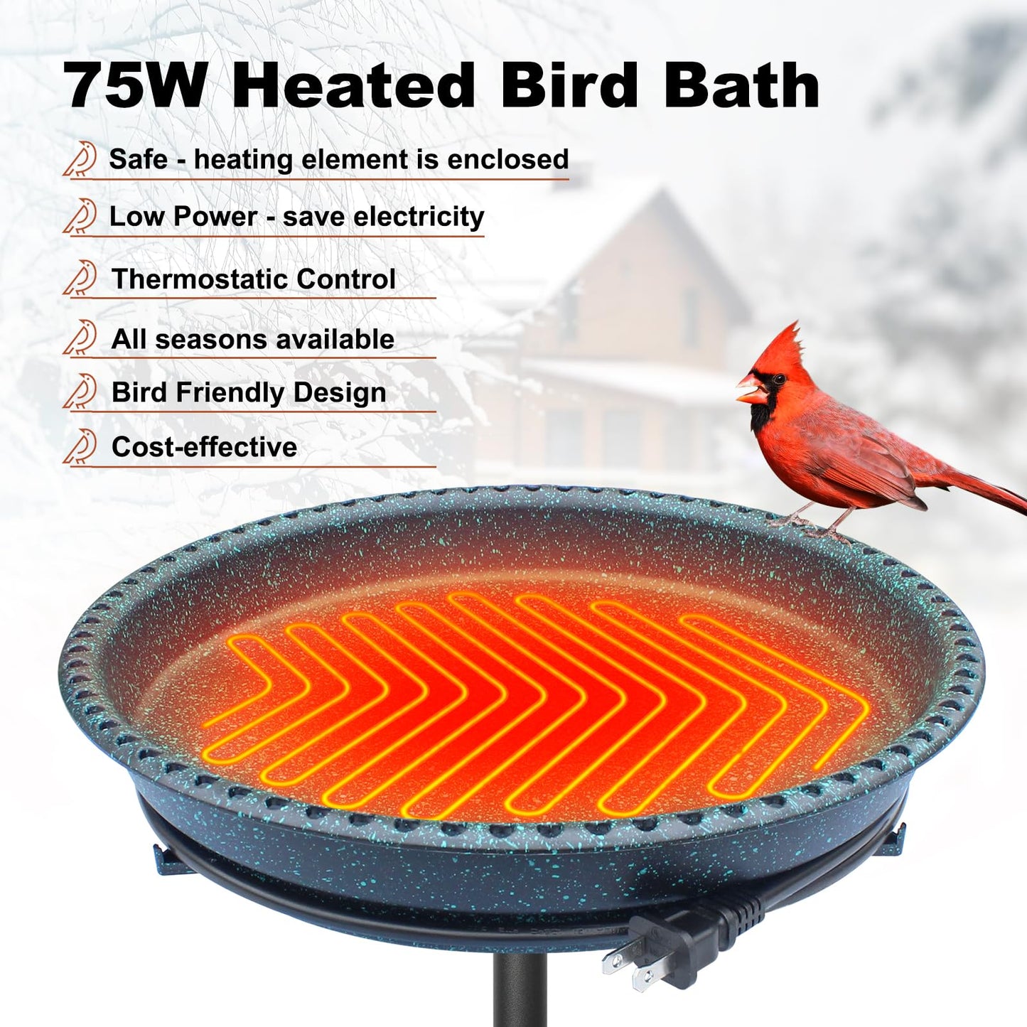 BIRD WISH Heated Bird Bath, Stable 5-Prong Metal Base Thermostat Control Weather Resistance All Seasons Available 75W Heated Bird Baths for Outdoors for Winter Garden Yard Patio Lawn, Spotted Green