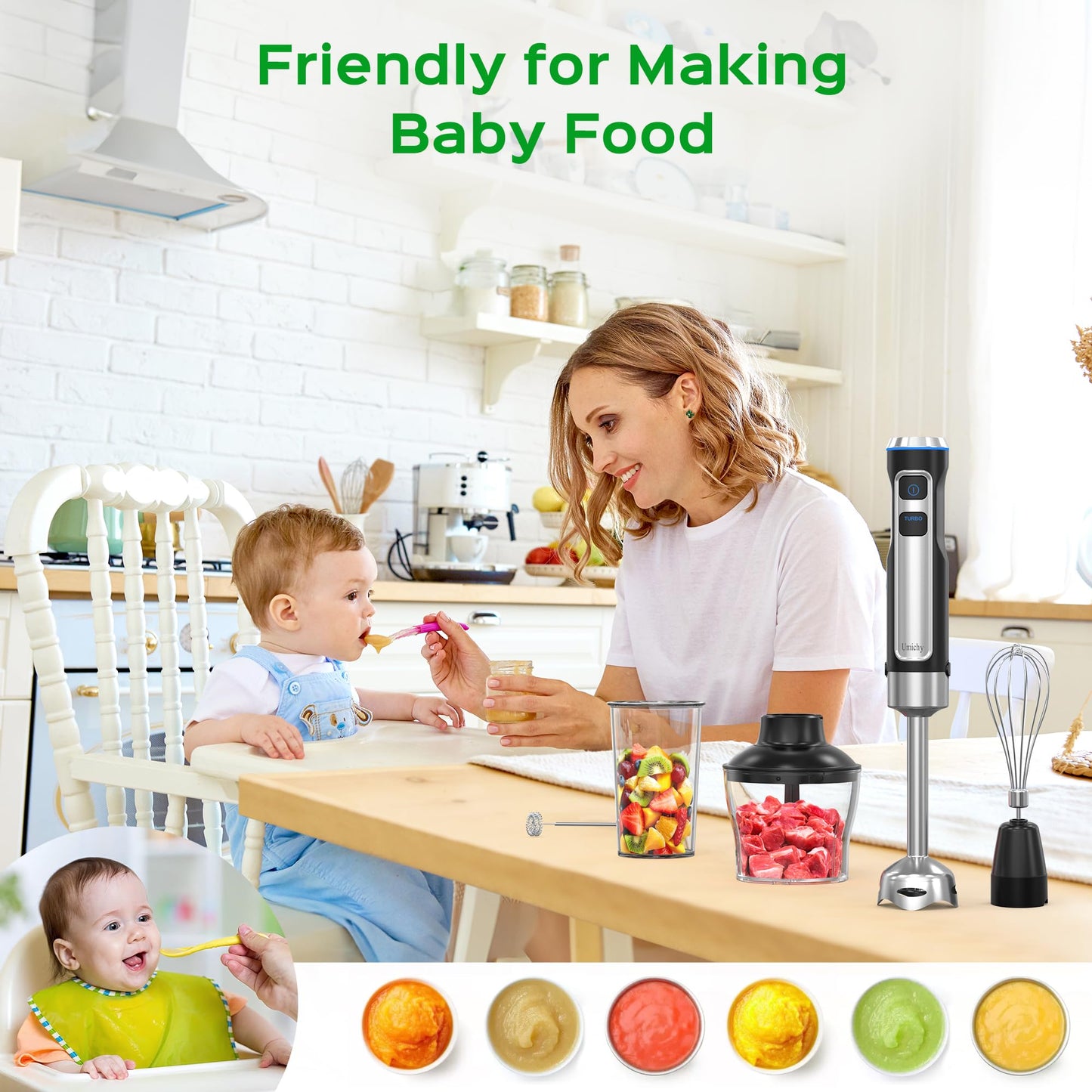Powerful Hand Blender, Electric Immersion Blender 1000W with 21 Speed and Turbo Mode, 5-in-1 Handheld Blender, Milk Frother, Egg Whisk, 800ml Beaker, 600ml Chopper and 304 Stainless Steel Blades
