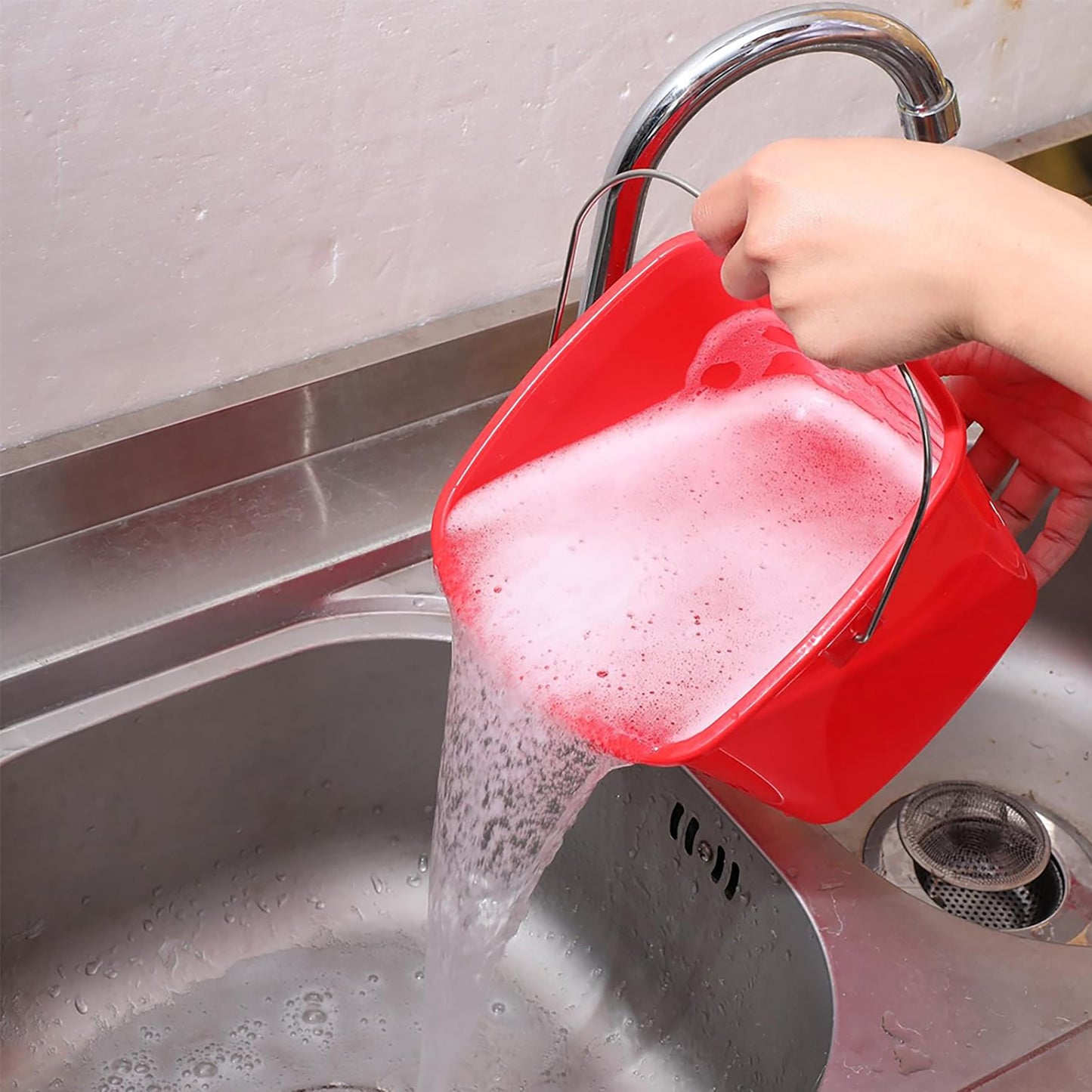 6 Pcs 3 Quart Small Square Plastic Cleaning Bucket with Handle - Red, for Home/Office/School/Commercial/Food Service Sanitizing