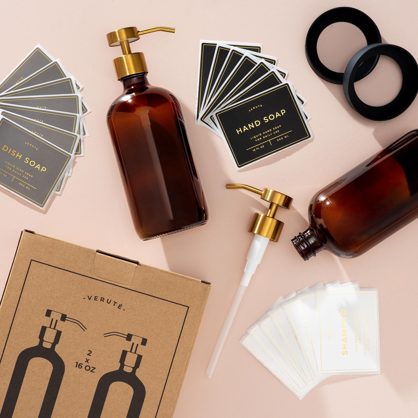 Verute 500ml Glass Soap Dispenser with Stainless Steel Pump, 21 Waterproof Labels, Non-Slip Protective Silicone Pad, Set of 2 for Bathroom & Kitchen (Amber Bottle/Brushed Gold Pump)