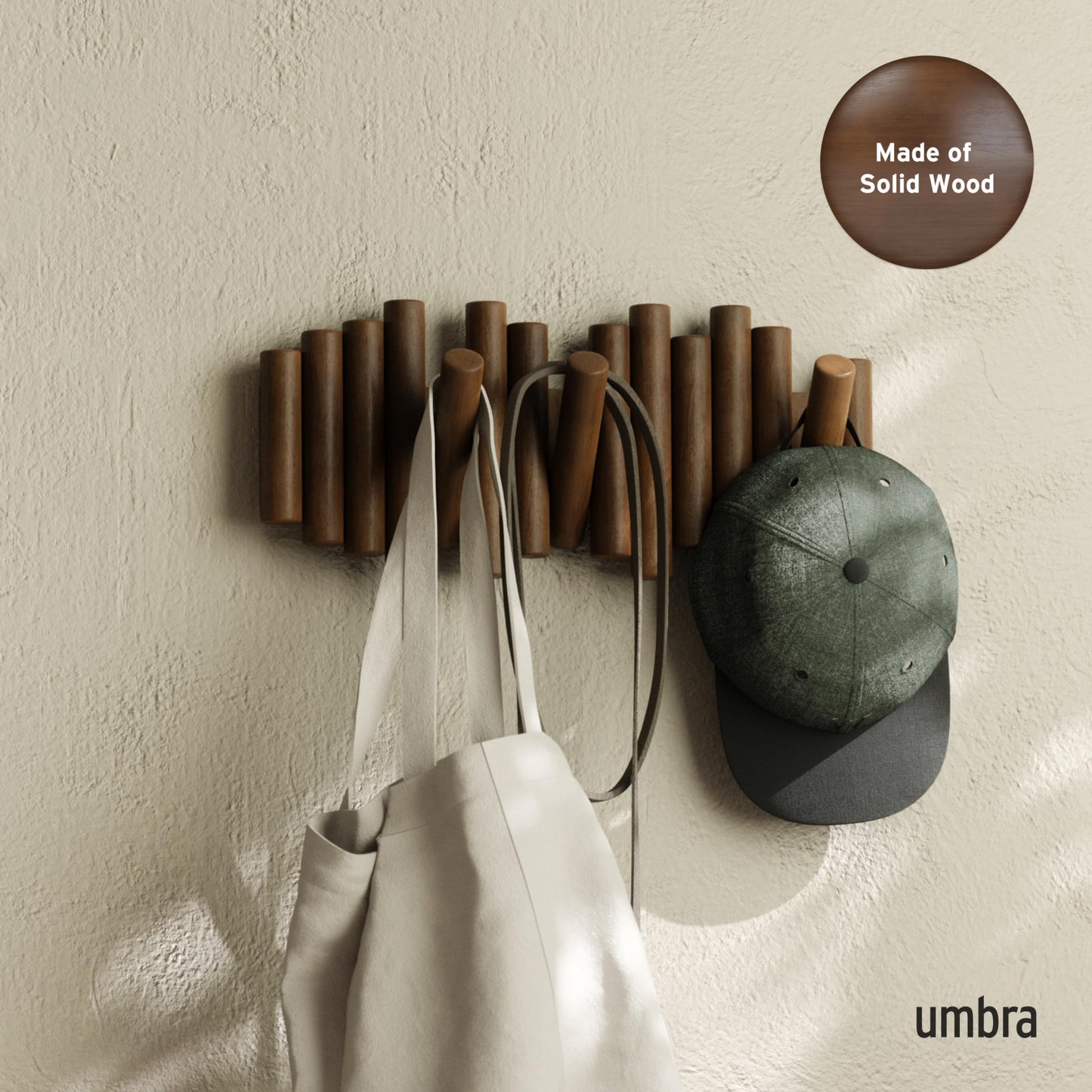 Umbra Picket Wall-Mounted Coat Rack Rail Hook with 5 Retractable Wood Pegs – Modern, Space-Saving Storage Organizer, Walnut