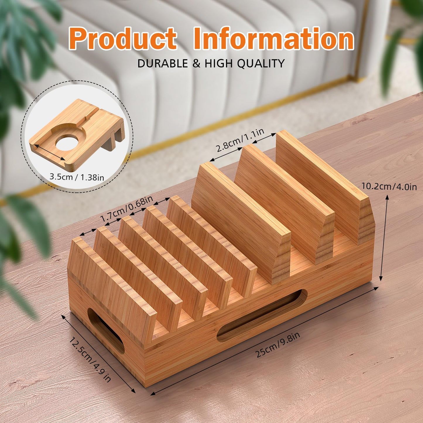Pezin & Hulin Bamboo Charging Station Holder with 5 Port USB Charger, Watch Stand, Wood Dock Stand Organizer for Multiple Devices, Phones, Tablets, Laptop