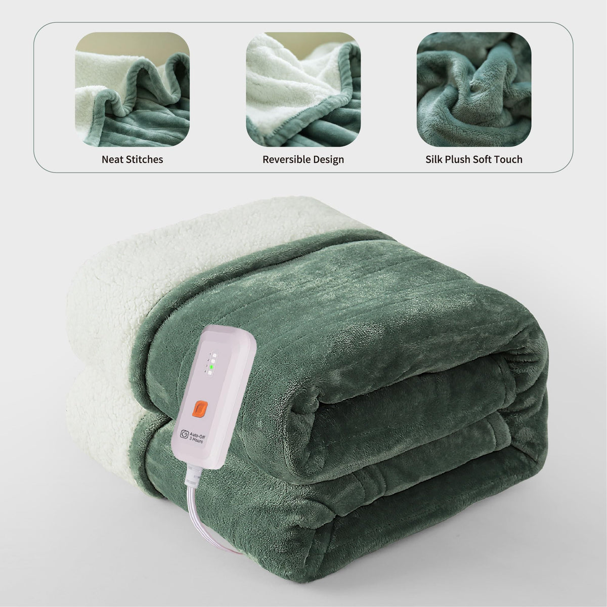 Gotcozy Heated Blanket Electric Throw 50''X60''- Soft Silky Plush Electric Blanket with 4 Heating Level & 3 Hour Auto Off Heating Blanket, ETL Certified Machine Washable (Green)