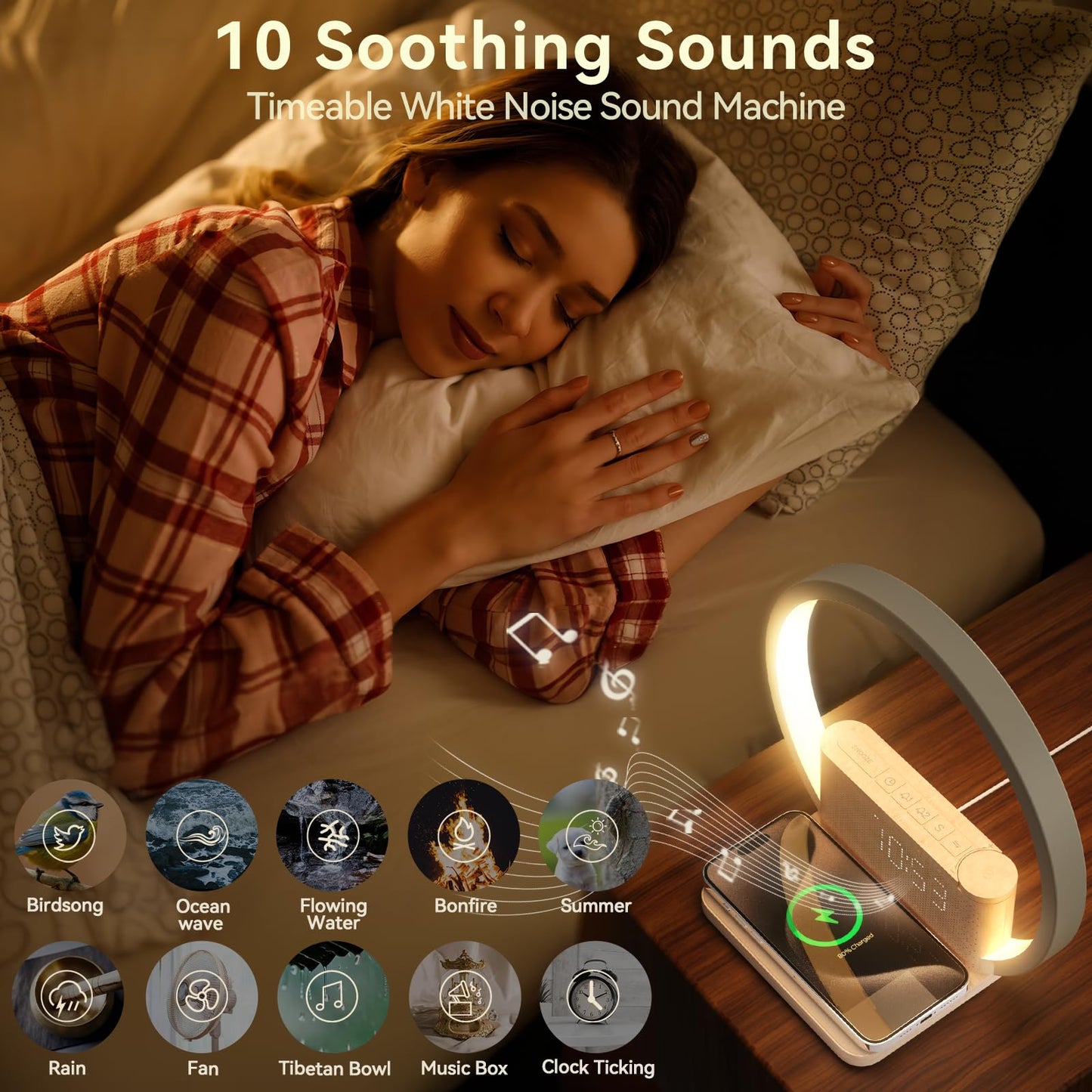 Vivilumens Sunrise Alarm Clocks Wireless Charger, 10 White Noise Sound Machine Alarm Clock with 30/60/90 Mins Timer, 3 Levels Touch Night Light, Dual Clocks for Heavy Sleepers, Ideal Gifts for Her