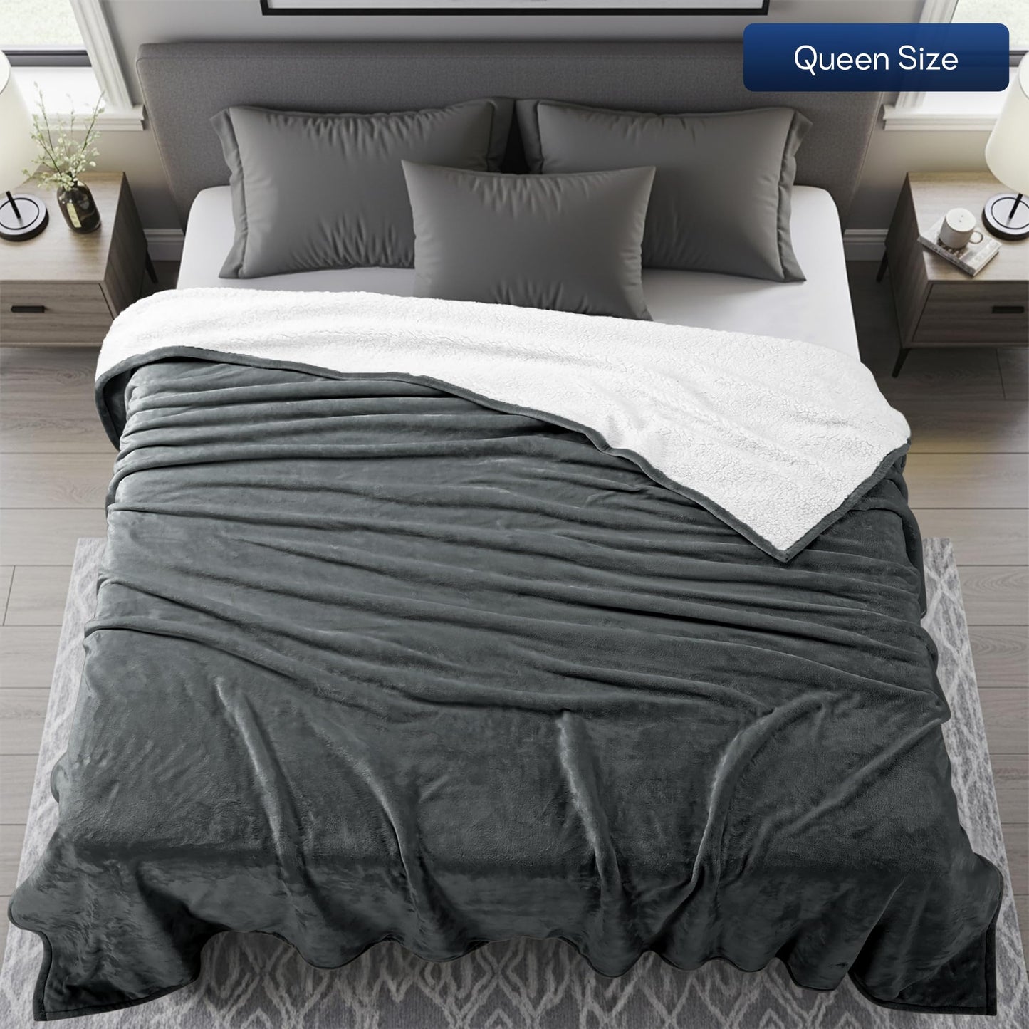 Utopia Bedding Sherpa Blanket Queen Size [Grey, 90x90 Inches] - Soft Lightweight Plush Fleece Reversible Blanket for Bed, Sofa, Couch, Camping and Travel