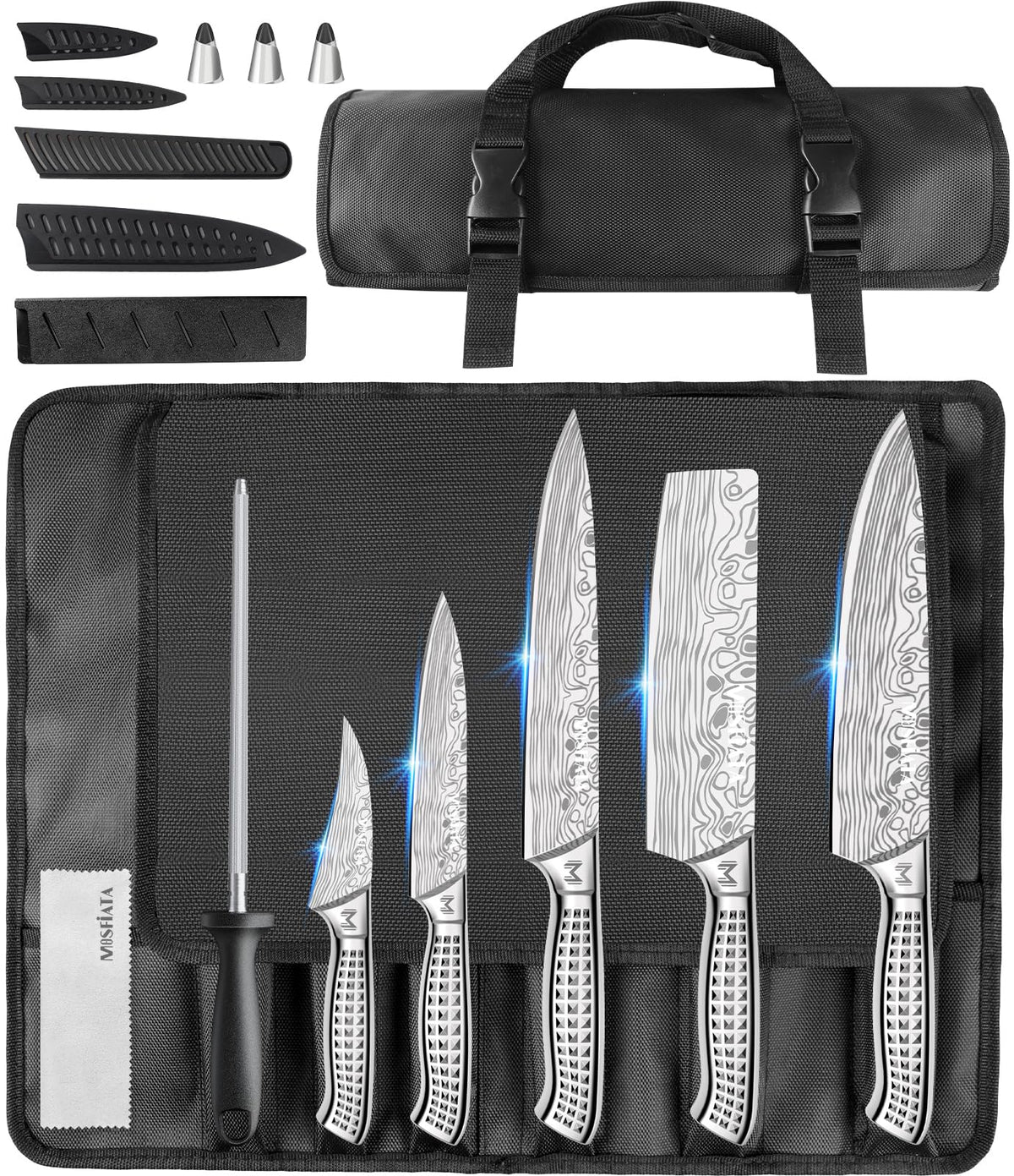 MOSFiATA Kitchen Knife Set, 10 Pcs Japanese Stainless Steel Knife Sets for Kitchen with Oxford Cloth Storage Bag with Knife Sharpening Rod, Dishwasher Safe, for Outdoor