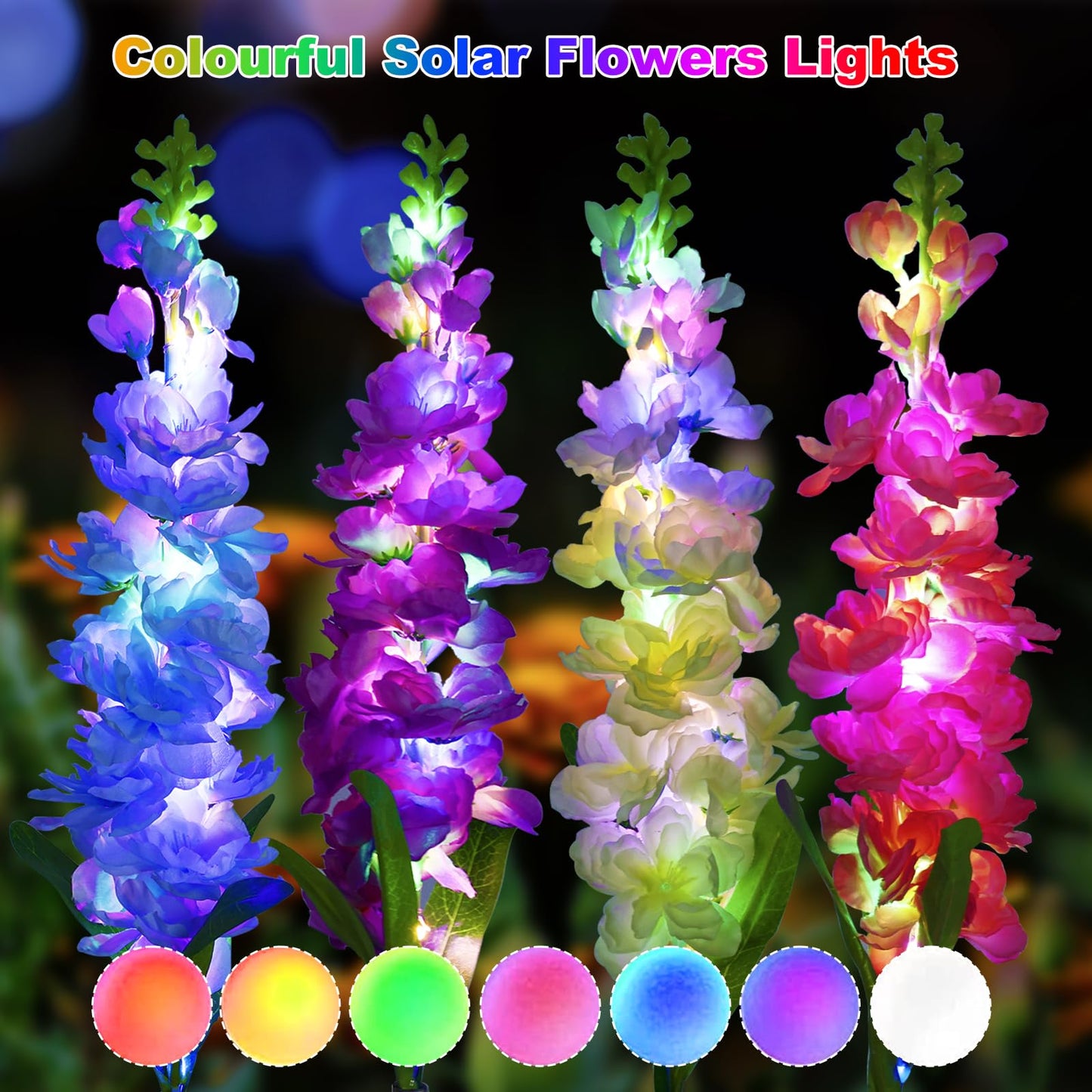 MRHEPHAESTUS Solar Garden Lights, Solar Delphinium Flowers Lights 4 Pack 80 LEDs, Waterproof Solar Outdoor Lights Two Lighting Modes for Wedding Party Garden Yard Patio Lawn Decor and Gift for Mother
