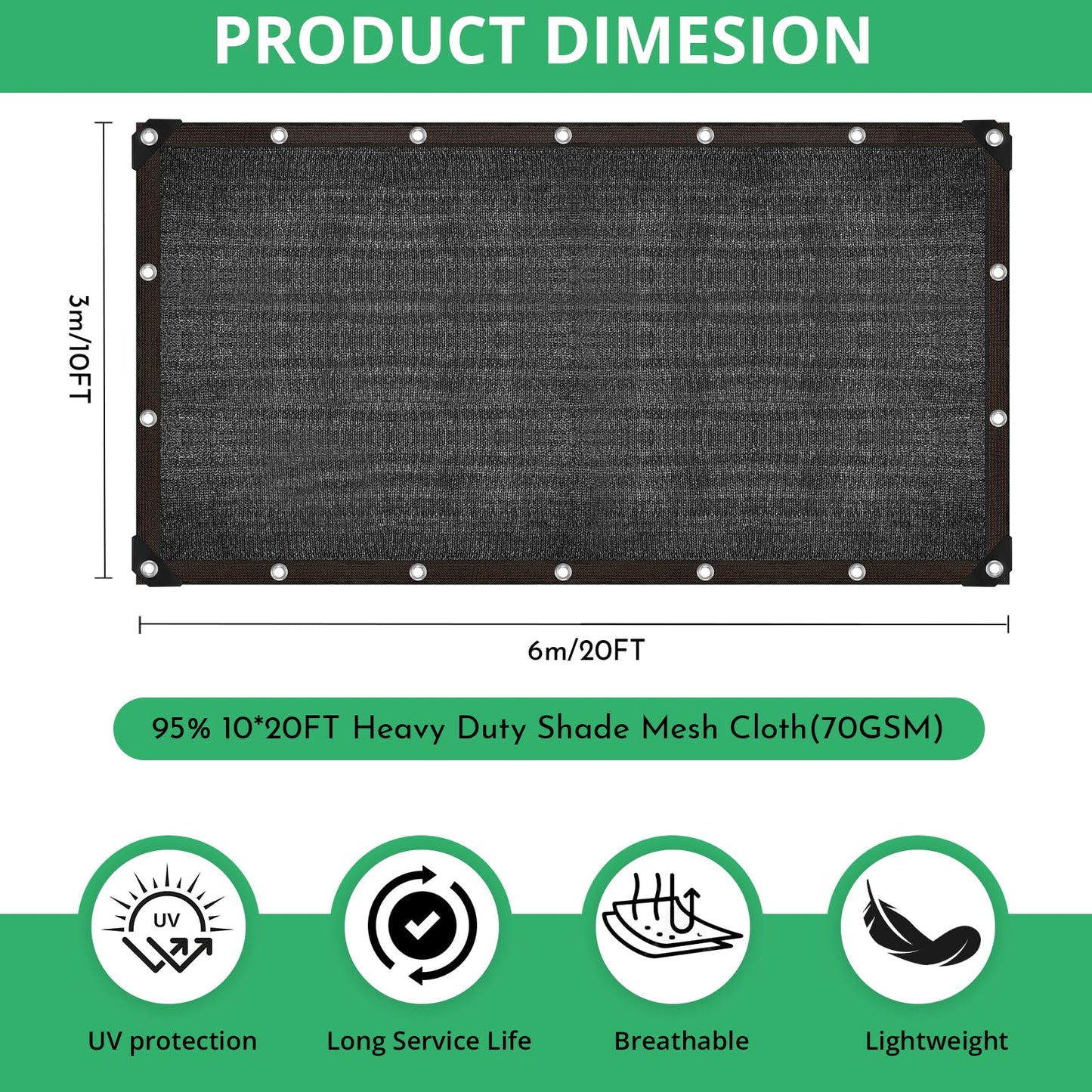 Garden 90% Shade Mesh Cloth, Phiowocx 10 x 20FT Sun Shade Net,Resistant Mesh Sun Shade Reinforced Grommets Shade Trap for Greenhouse,Plant,and Backyard Patio Sunshade,Pergola(Black-3x6m)