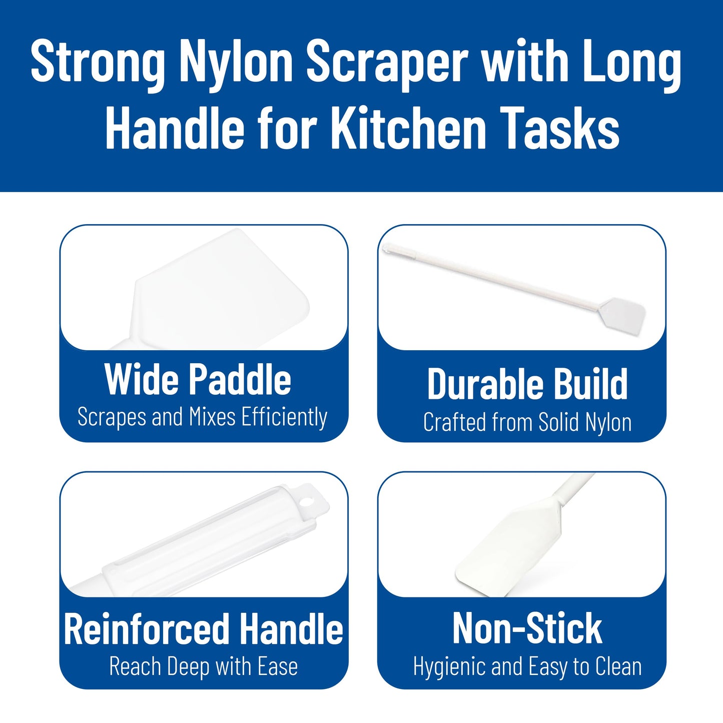 Sparta Nylon Paddle Mixing Scraper, Food Safe, Waterproof with Long Handle for Large Batch Cooking and Cleaning, 48 Inches, White