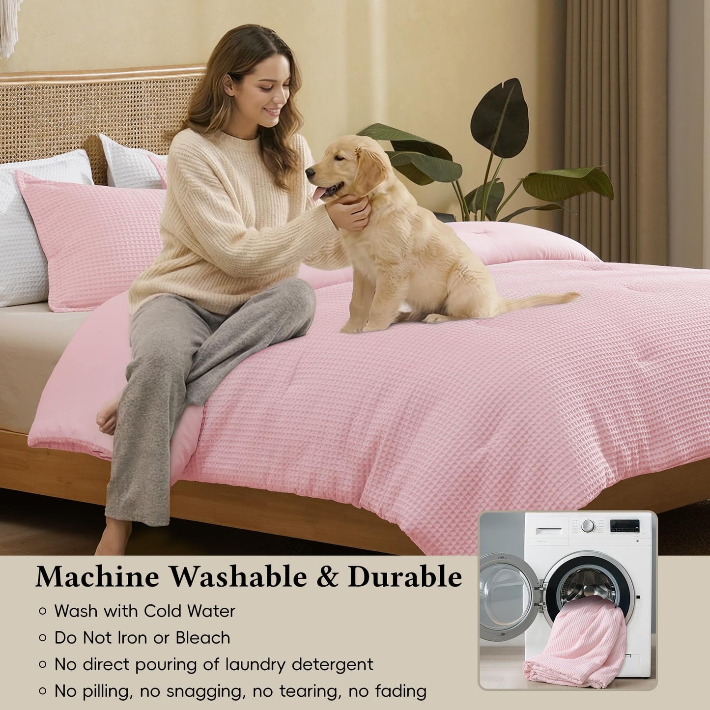 David's Home Waffle Weave Comforter Set 3PCS King Size, Soft Breathable Lightweight Warm for All Season, Elegant Aesthetic Home Decor Bedding Set Collection, 1 Comforter with 2 Pillow Shams, Pink