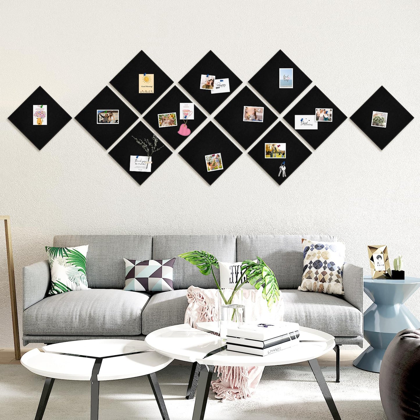 AMUSIGHT Large Cork Board Tiles, 12 Packs 48" x 36" 1/2" Thick Cork Bulletin Board Felt Board Self Adhesive Cork Boards for Walls Home Office Kitchen School, 120 Push pins, Black
