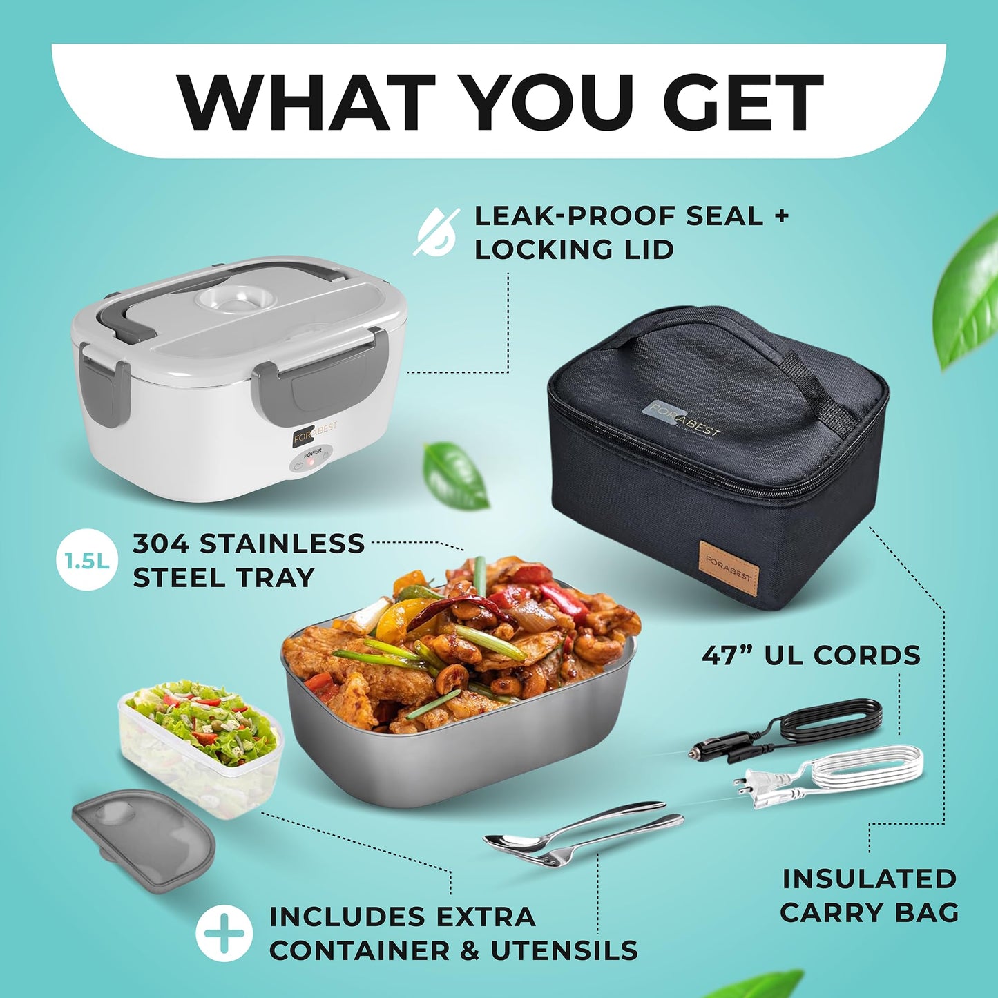 FORABEST Heated Lunch Box, 80W Electric Lunch Box for Adults, Portable Food Warmer with 1.5L Stainless Steel Container, Utensils, Carry Bag & Leakproof Lid, 12V/24V Car/Truck & 110/120V Home/Office