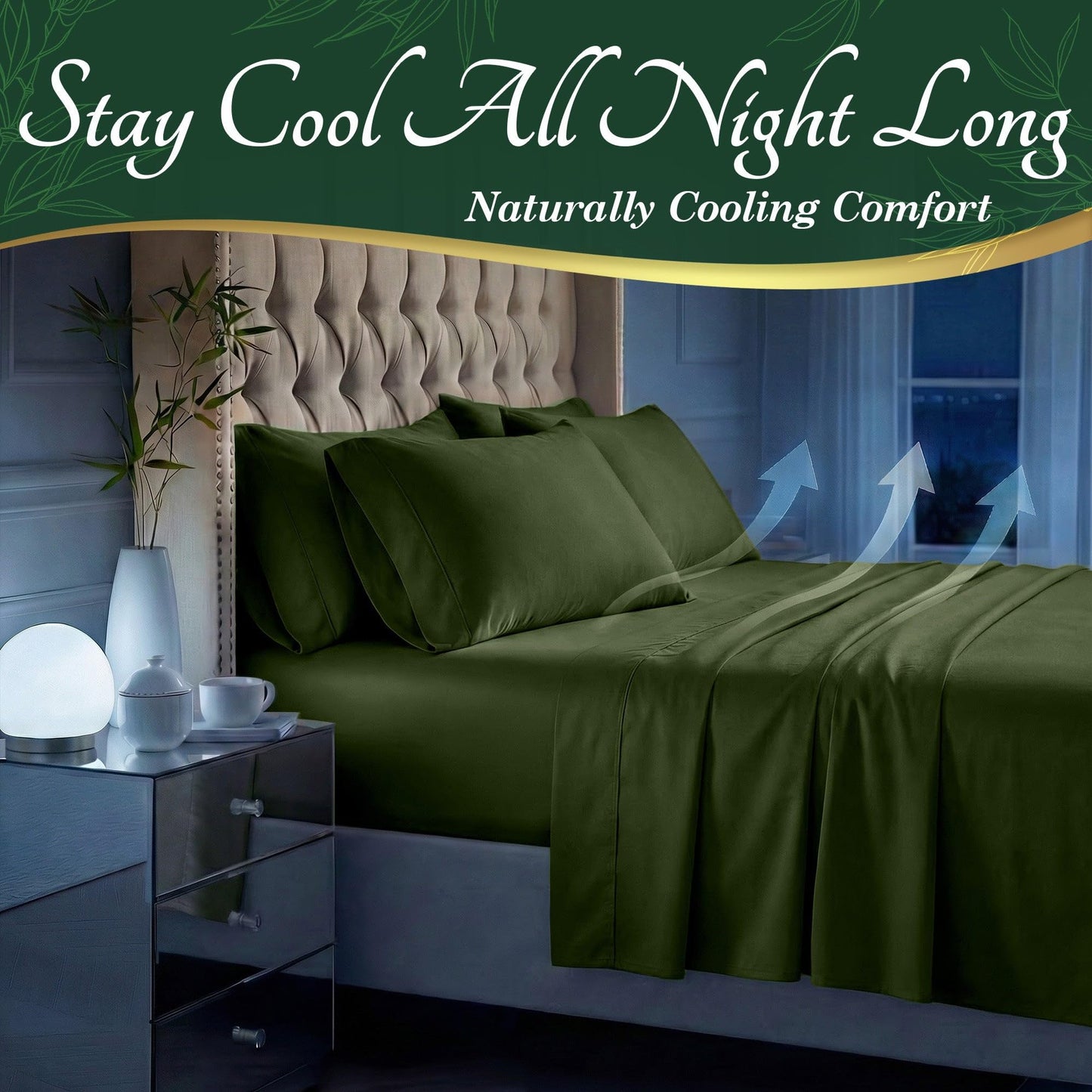 DECOLURE 100% Organic Viscose Derived from Bamboo Sheets Full Size 6pcs - Ultra Soft & Luxuriously Cooling, 17" Deep Pocket, Double Stitching, Perfect for Hot Sleepers - Full Bed Sheets (Olive)
