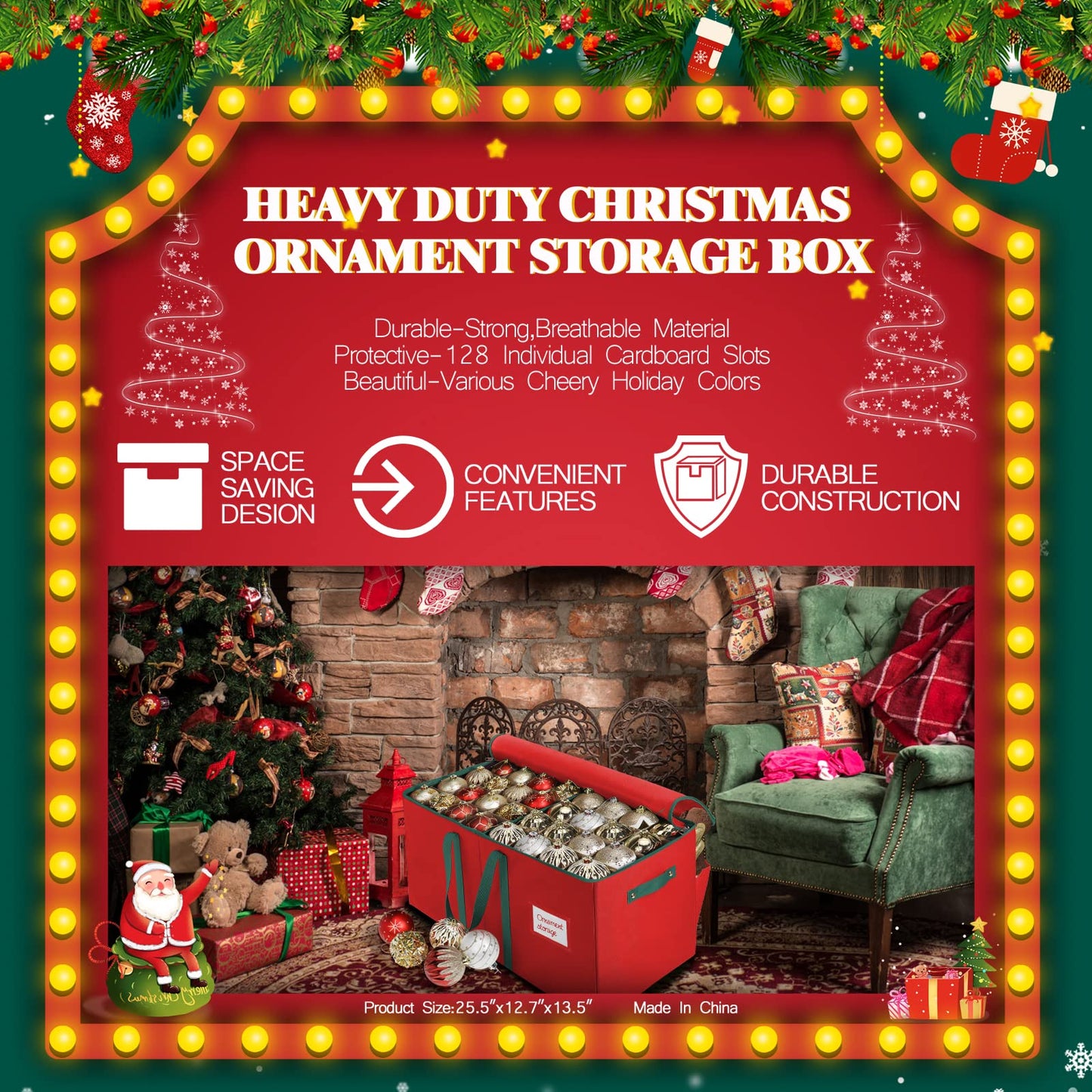 Large Christmas Ornament Storage Box,4 Tier Holds Up to 128 Holiday Ornaments 3-Inch, Xmas Decorations Accessories Bag with Dual Zipper Closure,Made of Durable 600D Oxford Fabric Material (Red1)