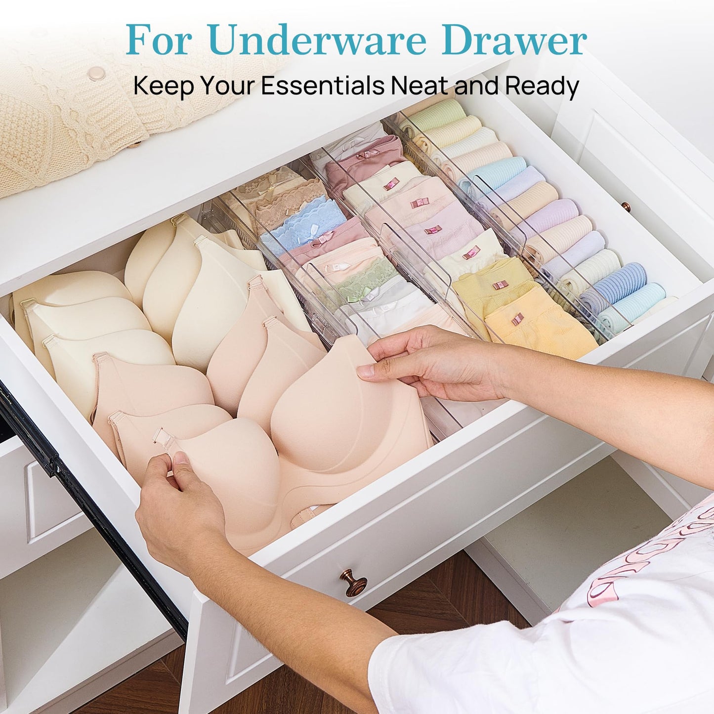 Vtopmart 8 Pack Drawer Dividers for Clothes, Adjustable 4" High Expandable from 10.2"-16.5" Dresser Drawer Organizer, Clear Plastic Dresser Organizer for Baby Clothes, Underwear, Socks