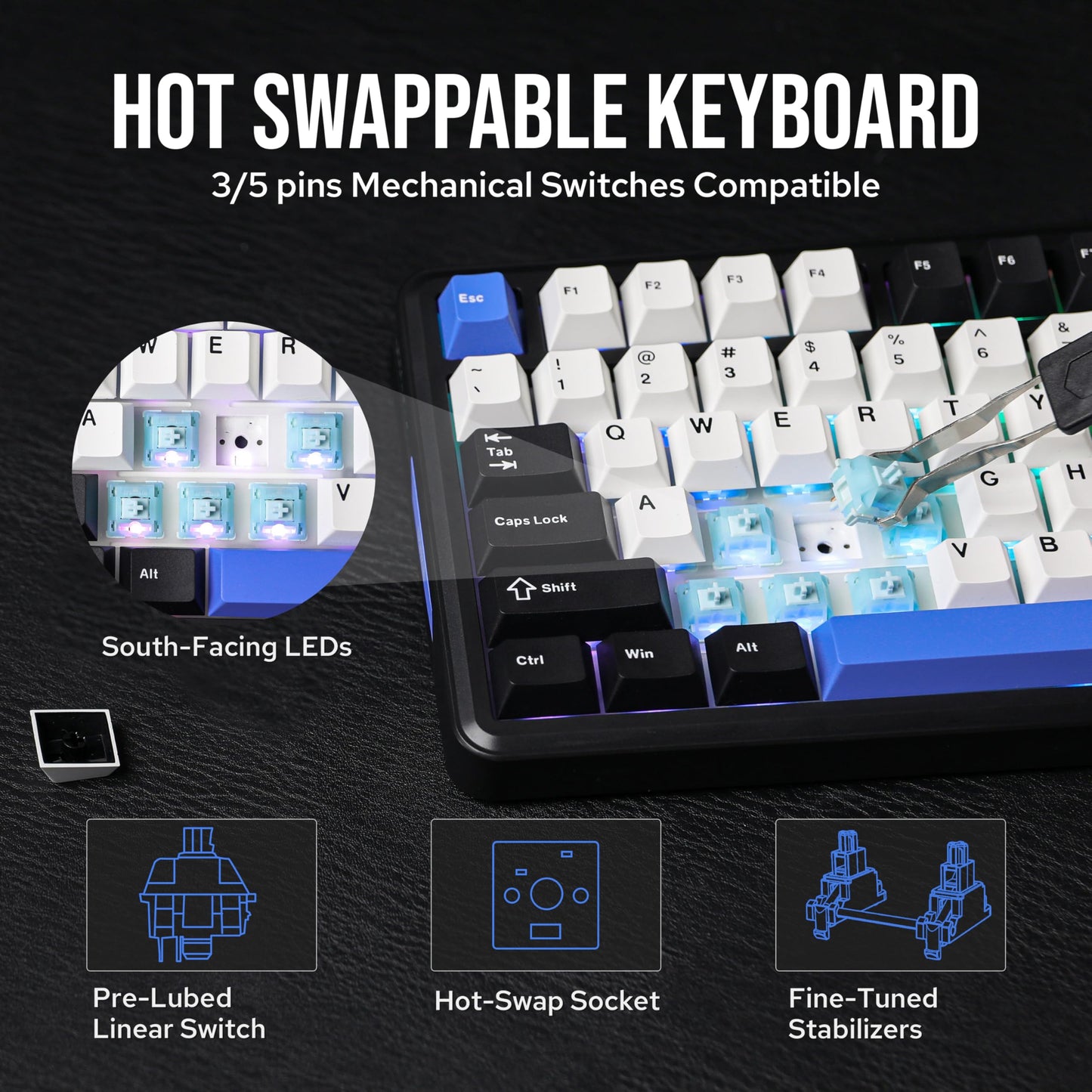 EPOMAKER TH85 QMK/VIA Wireless Mechanical Keyboard, USB/2.4Ghz/Bluetooth Gaming Keyboard, Hot Swappable Custom Keyboard, Gasket Creamy Keyboard for PC/Mac/Office/Gaming (Black&White&Blue)