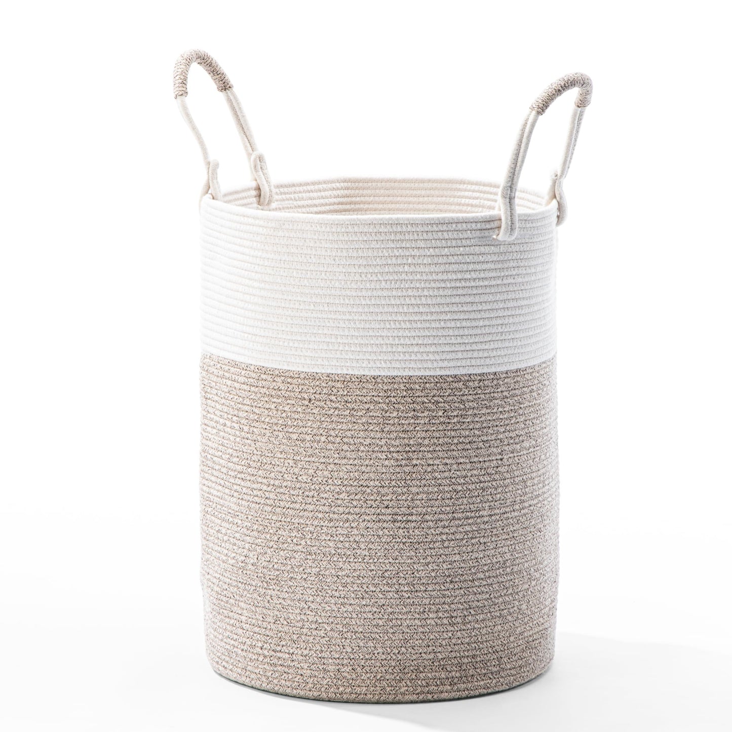 Kodomoore Laundry Basket Hamper – Woven Cotton Rope Nursery Hamper for Clothes, Blankets, Yoga Mat – Boho Basket for Living Room – 16”D x 22”H – White & Beige Brown