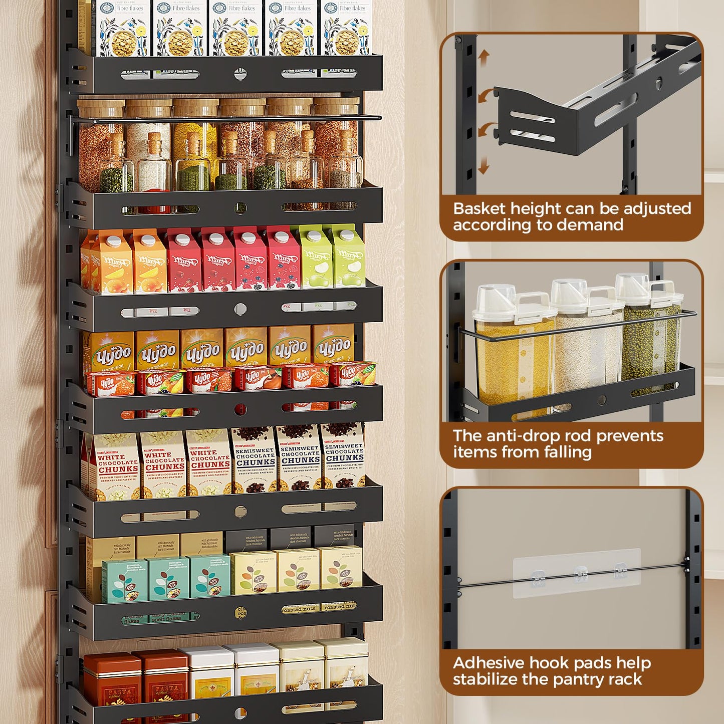 8-Tier Over The Door Pantry Organizer Pantry Organization and Storage with Adjustable Basket, Door Spice Rack for Kitchen, Bathroom (Black, 8-Tier (17.1"W x 5.7"D x 72.6"H))