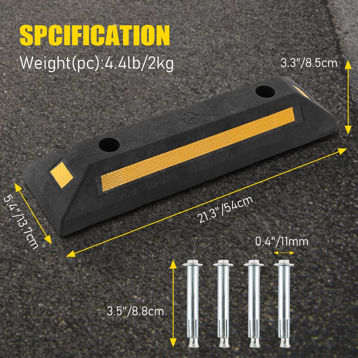 ATPEAM Rubber Curb Heavy Duty Parking Blocks | 2PC Parking Curb with Yellow Reflective Stripes for Car, Truck, RV, Trailer, and Garage | Garage Parking Assist and Driveway Markers for Enhanced Safetye