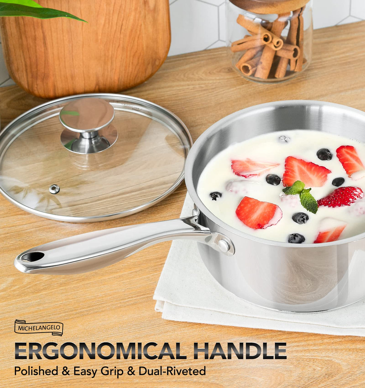 MICHELANGELO Stainless Steel Saucepan Set with Lids, 1 QT and 3 QT Saucepan Pot Set, Nonstick Saucepans, 4 Piece, Dishwasher Safe, Induction Compatible