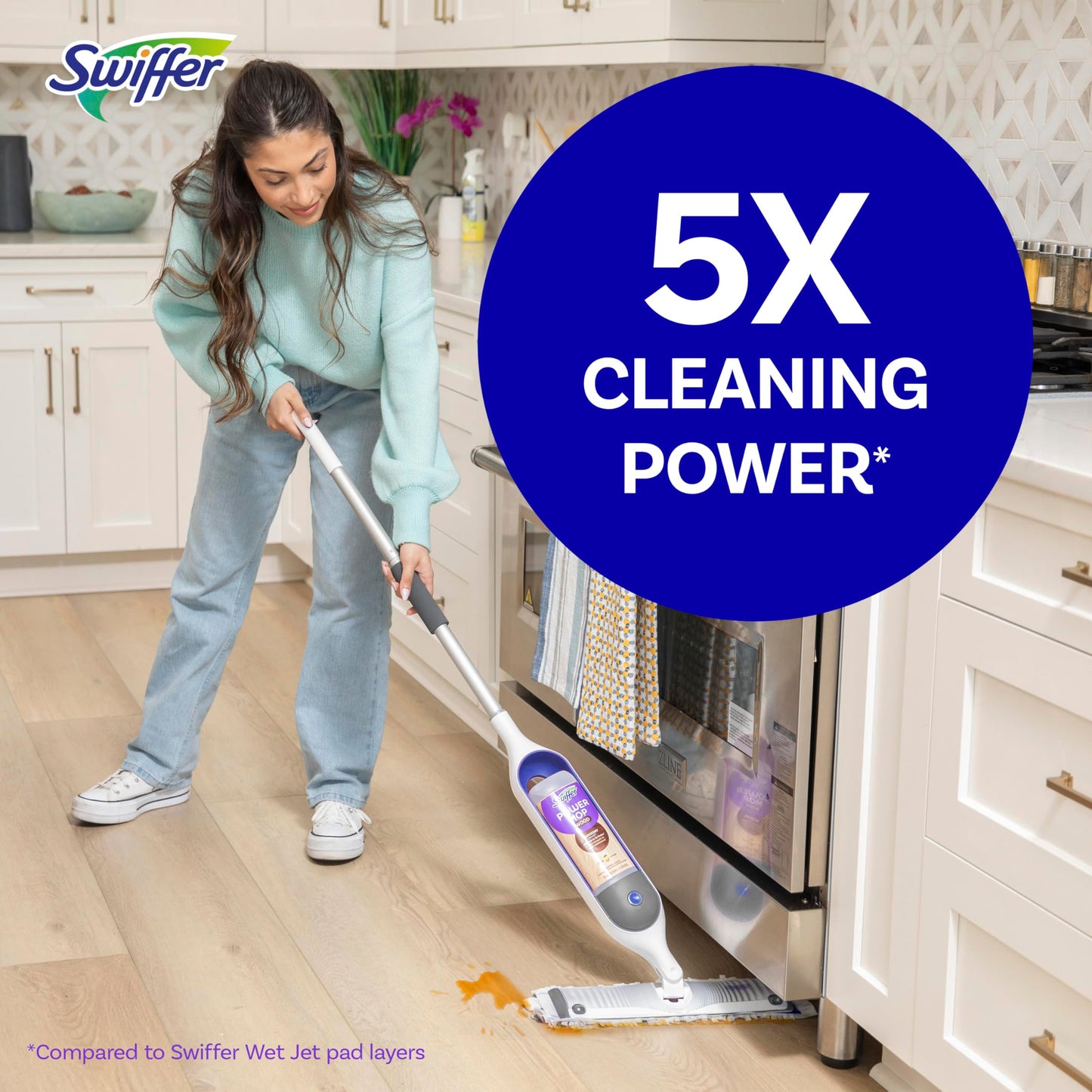Swiffer Power Mop Wood, Hardwood Floor Cleaner for Mopping Home, All Purpose Multi-Surface Cleaning Set Includes PowerMop Wood, 2 Pads, 1 Quickdry Lemon Solution, & 2 Batteries, 5 Count
