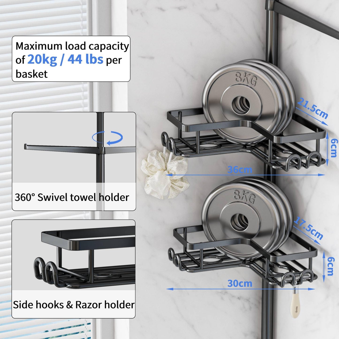 H Hawsam Shower Caddy Corner Tension Pole with 4 Tier Metals Baskets Rustproof Shower Shelves Corner Standing Large Bathroom Shower Storage Organizer Shelf Adjustable Height from 32 to 123 In