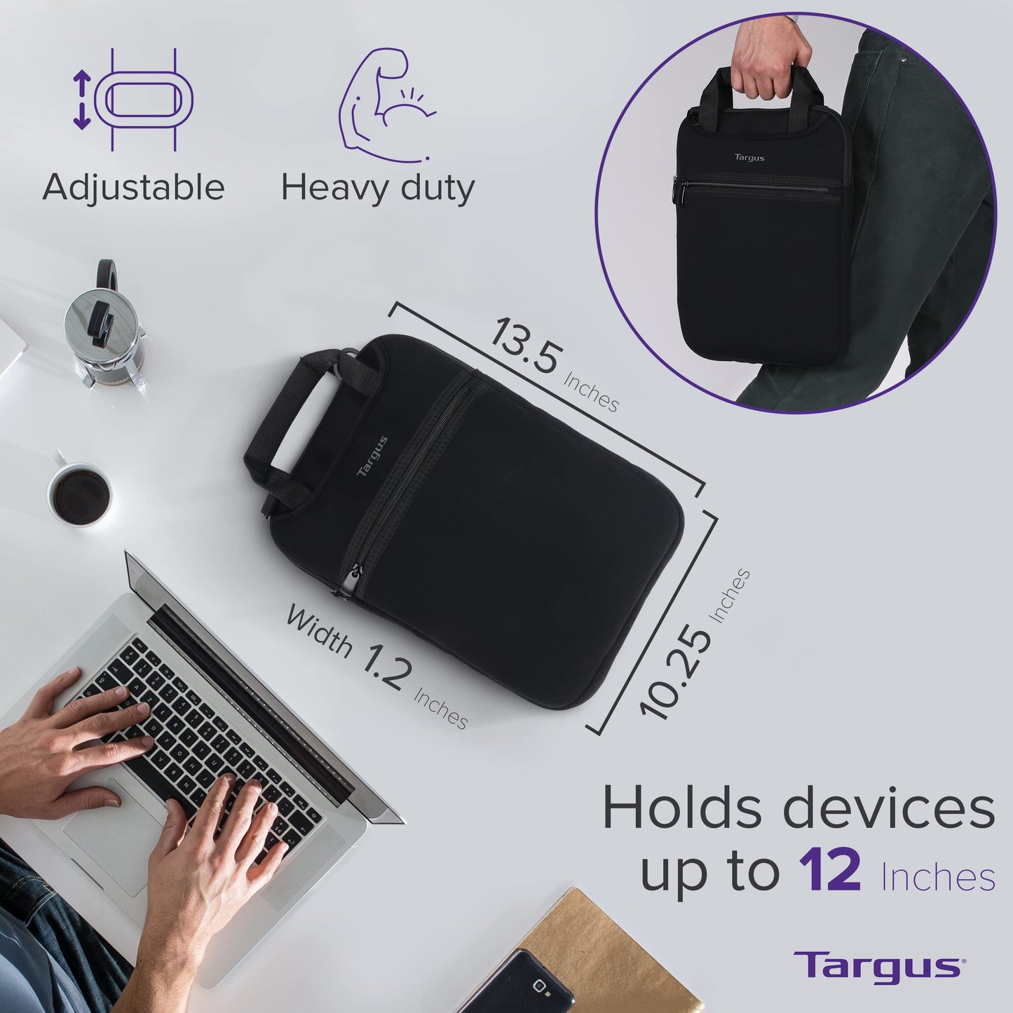 Targus Vertical Slipcase Secure Business Professional Travel Laptop Bag with Hideaway Handles, Cross Shoulder Strap, Protective Padding for 12-Inch Laptop, Black (TSS912)