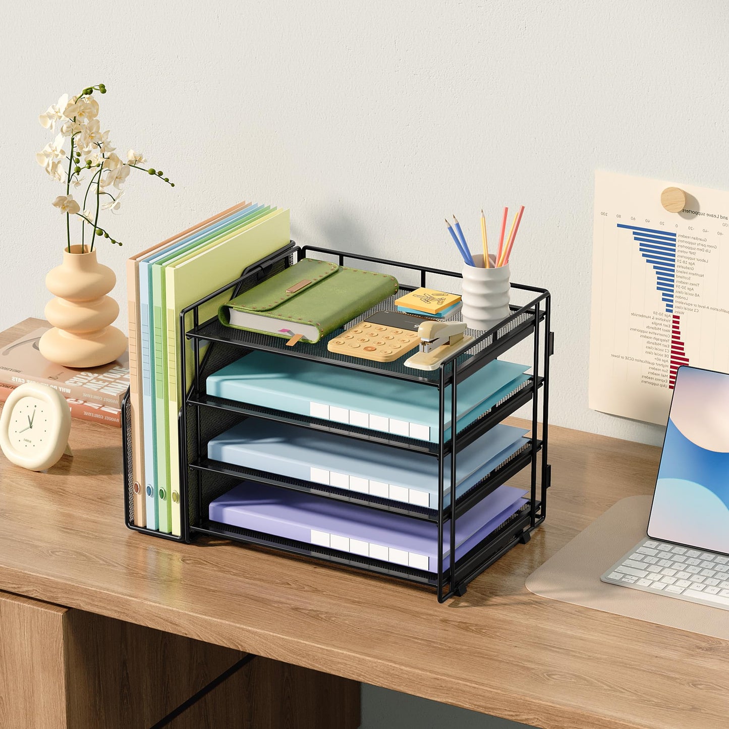 Office Paper Organizer with File Holder, 4 Tier Desk Tidy Organiser with 1 Paper Tray Storage for Magazine, Home, School, Office Stationary Supplies (Black)