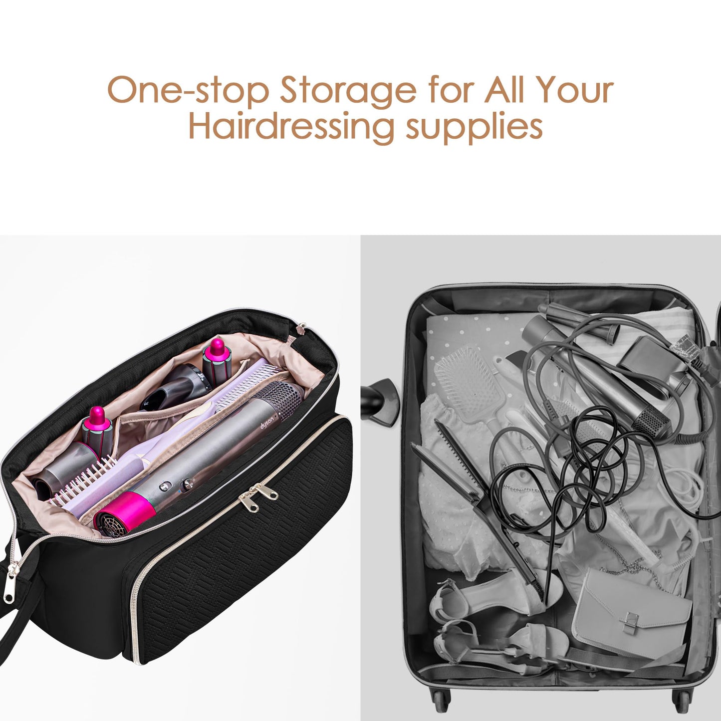 Fasrom Hair Tools Travel Bag with Heat Resistant Mat for Flat Iron, Curling Iron and Hair Straightener, 2 in 1 Hair Dryer Travel Case to Organize Hair Styling Tools, Black (Patent Design)