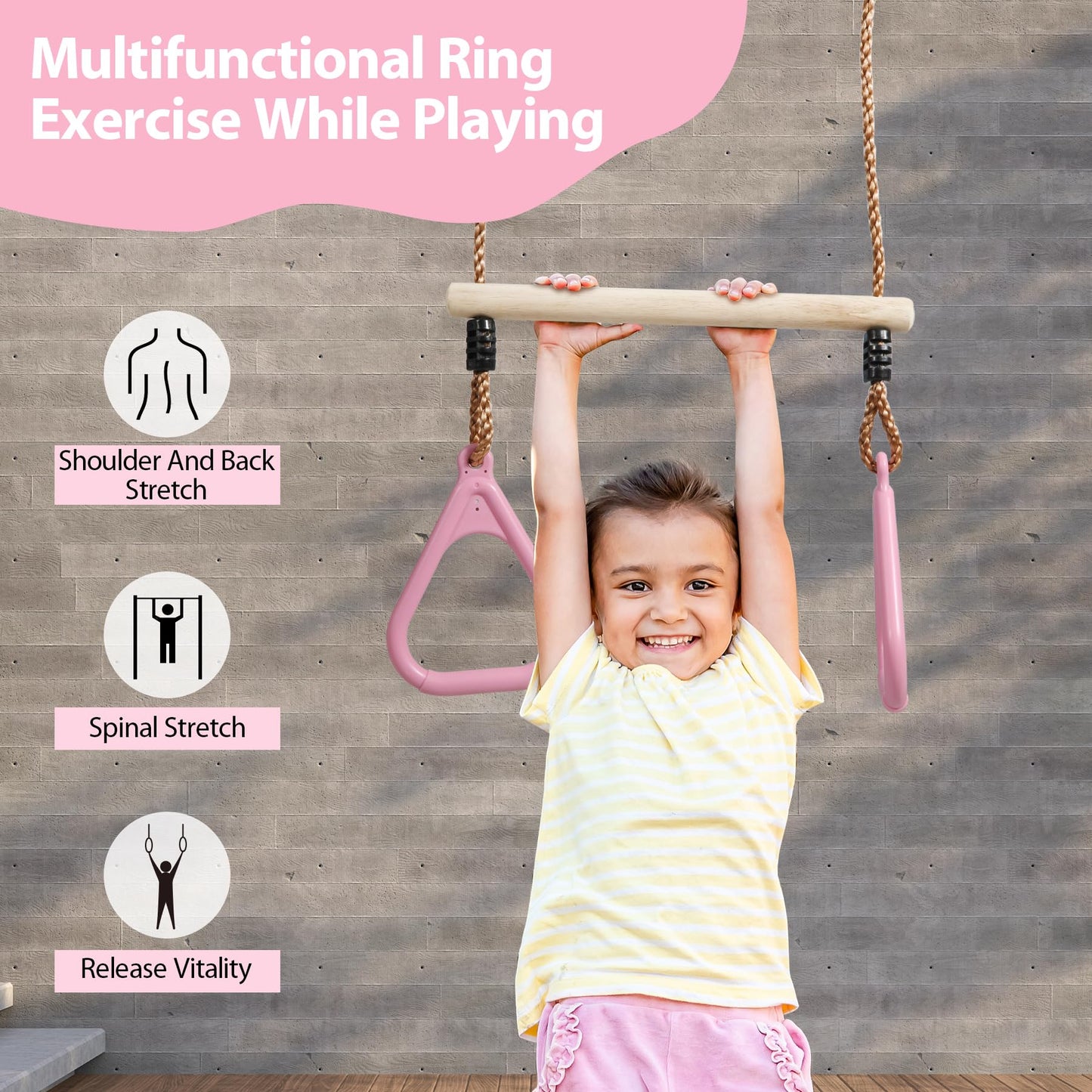 RedSwing Trapeze Swing Bar Rings, Trapeze Bar for Kids with Adjustable Rope, Locking Straps, Outdoor Swing Set Playground Accessories, Pink