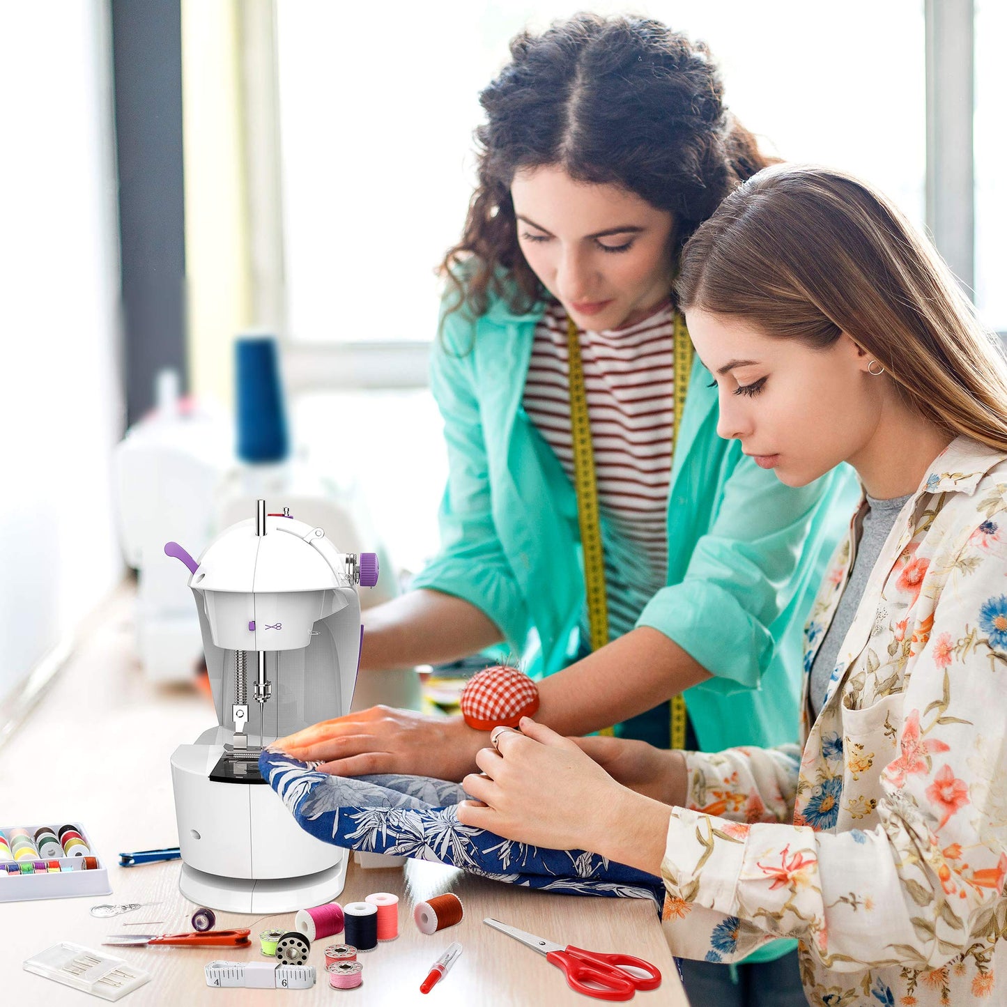 KPCB Tech Mini Sewing Machine [Full Set] with Finger Guard and Fabric Bundles, Sewing Machine for Beginners with Extension Table and Sewing Kits
