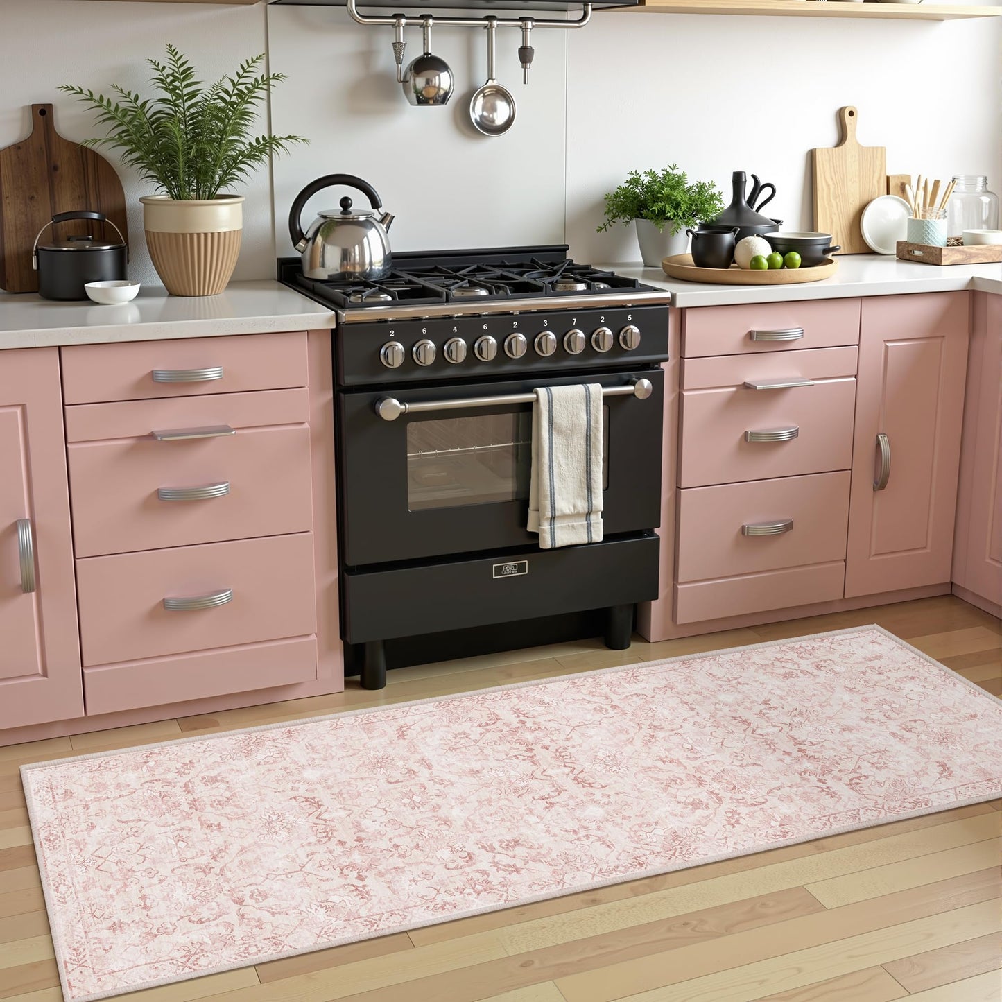 Pink 2x6 Runner Rug for Hallways Bed Side Kitchen, Boho Washable Distressed Low-Pile Floor Entryway Long Bathroom Mat, Non-Slip Laundry Room Washstand Front Carpet 24x72 Inch