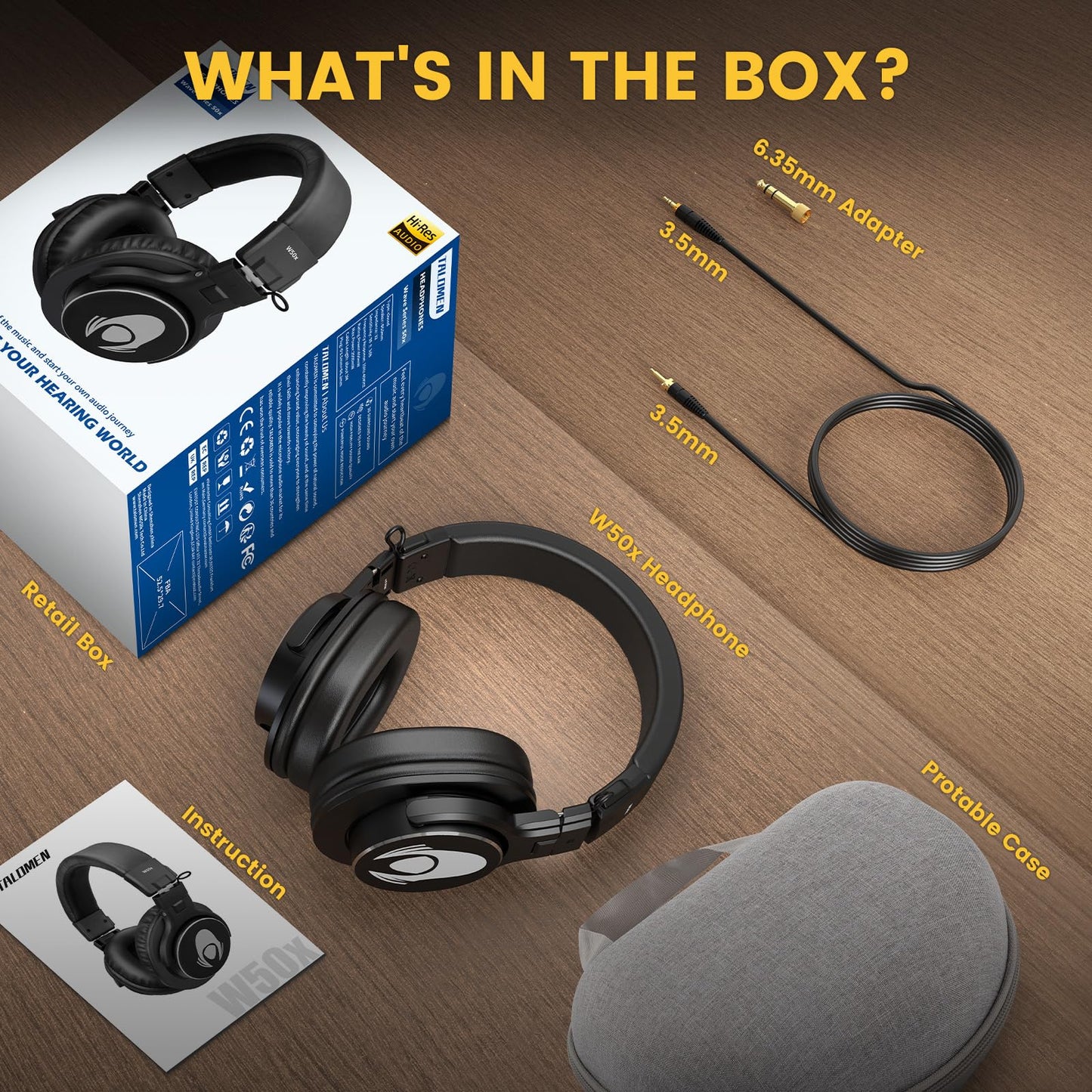 talomen W50X Wired Over-Ear Studio Headphones, Podcast Closed Back Headsets with 50mm Neodymium Drivers, 3.5mm/6.35mm Jack for Monitoring AMP Computer Recording Mixing DJ Guitar Keyboard, Black