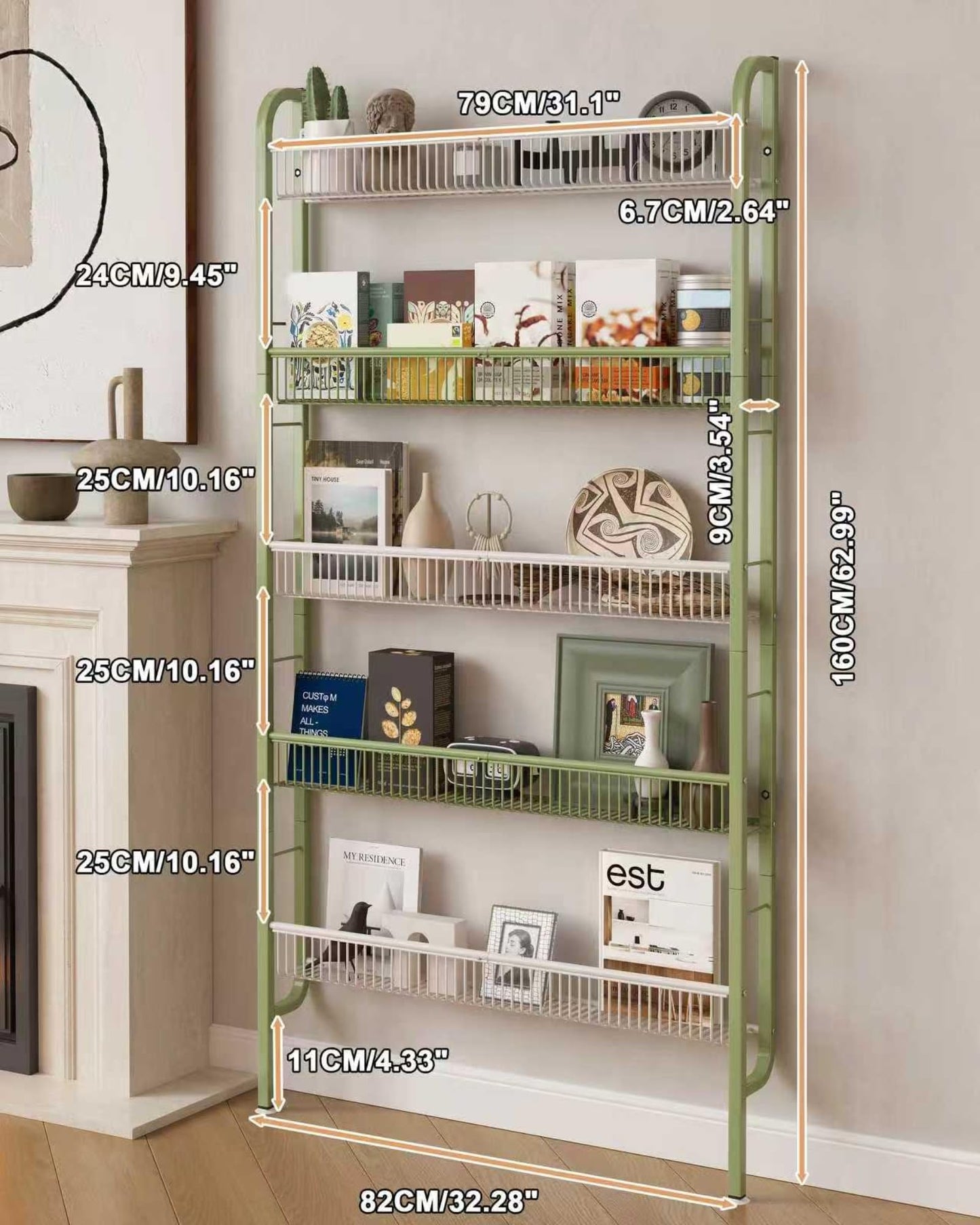 UMDONX Narrow Metal Storage Shelf Behind Door Organizer 5 Tier, Bookshelf Bookcase Book Rack Bathroom Shelving Unit Multifunctional (Green 82x9x160cm)
