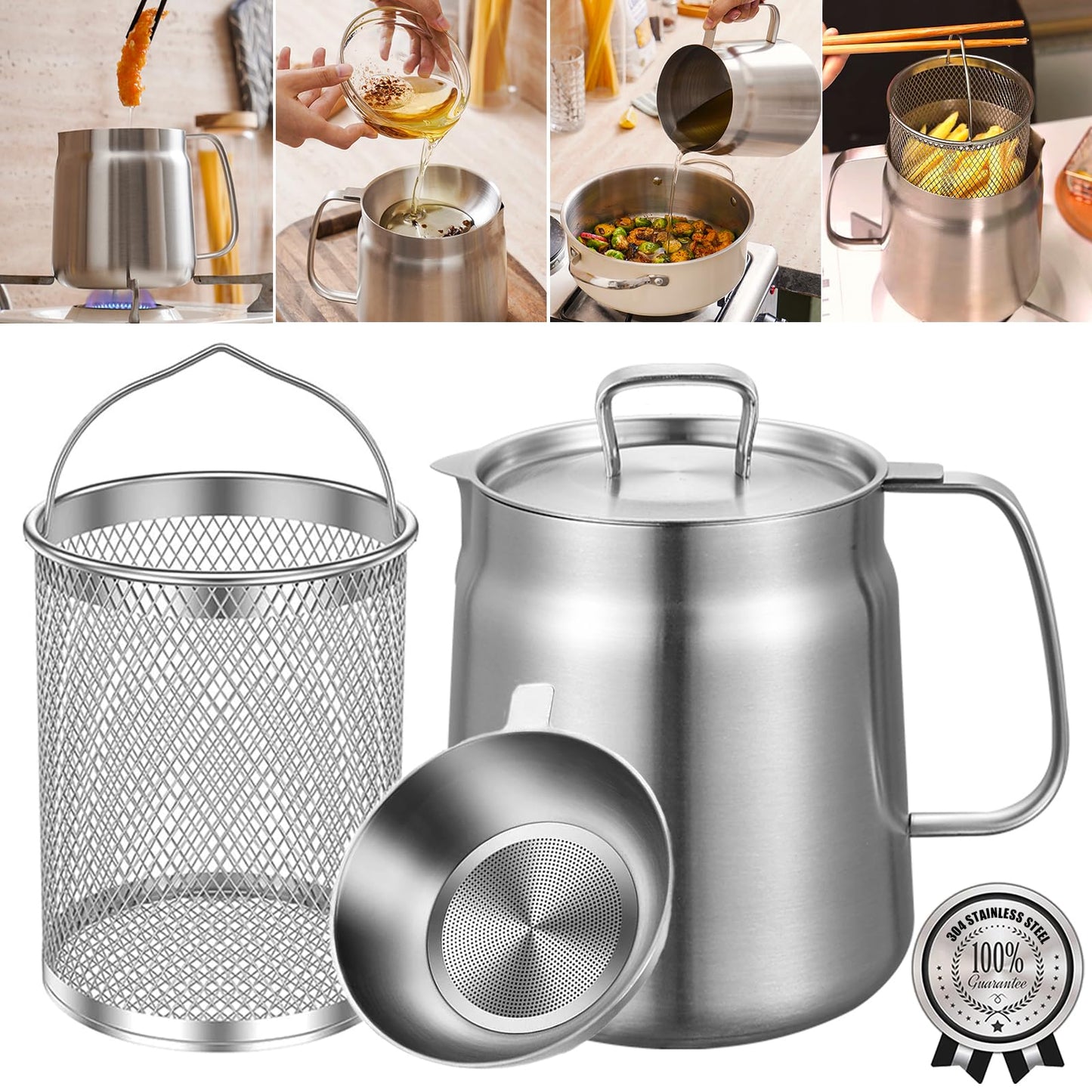 HOMKULA 2-in-1 304 Stainless Steel Multifunctional Oil Strainer Pot, Food Strainer, Large Capacity Oil Filter Pot, Bacon Grease Container with Deep Fryer Basket(2.1L)