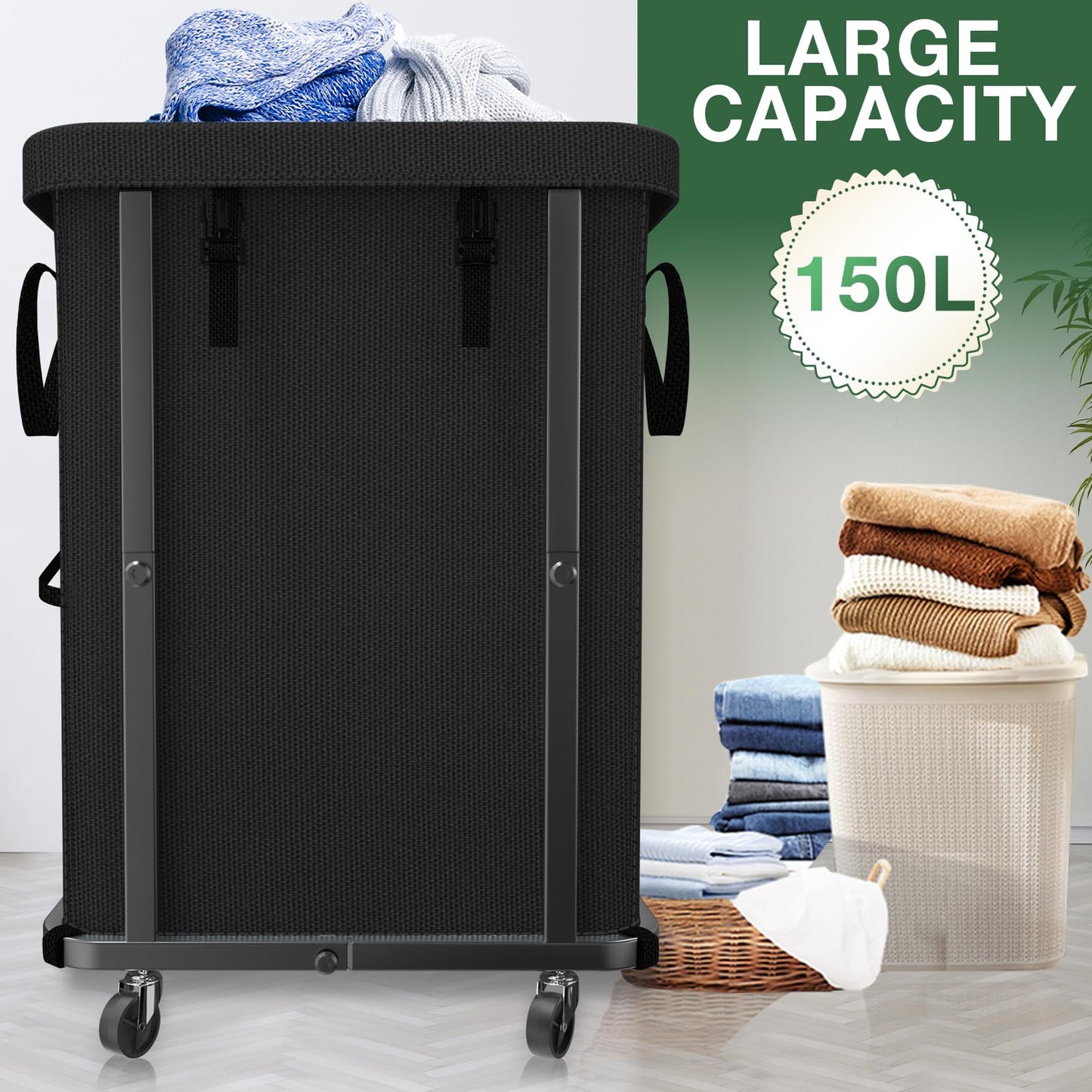 40 Gal(150L) High Grade Large Laundry Basket with Wheels, Rolling Laundry Hamper, Laundry Cart with Metal Frame and Removable Bag Design, Suitable for Laundry Room, Bedroom (Black, 150L)