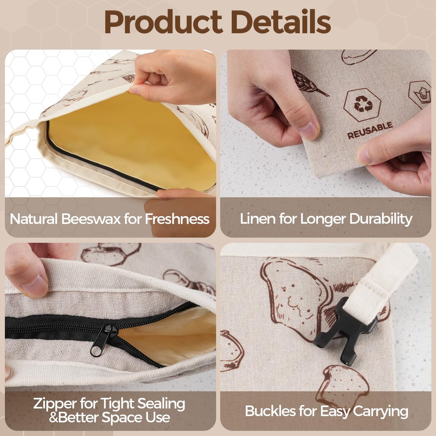 YARRAMATE Reusable Beeswax Bread Bags for Homemade Bread & Sourdough, 2 Pack XL 17x13in Linen Organic Bread Storage Bags with Zipper for Loaf, Baguette, Bagels and Sandwich Bread, Freezer Safe, Brown