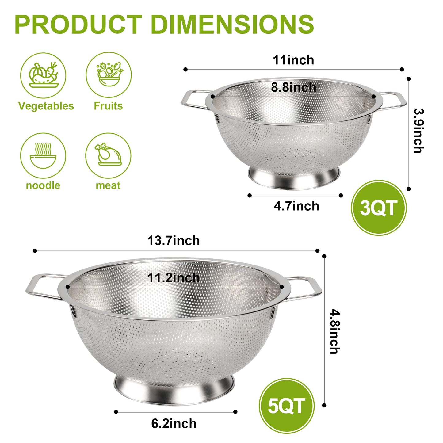 Colander Stainless Steel 5-Quart, Strainer for Kitchen Food, Dishwasher Safe