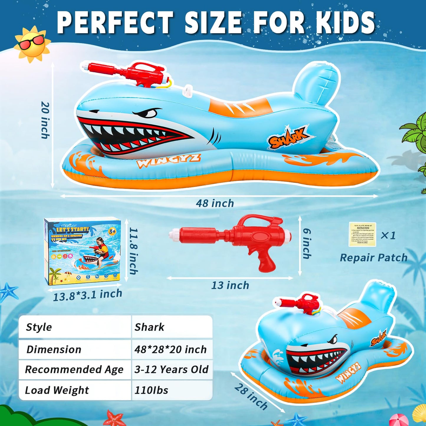 WINGYZ Pool Floaties for Kids with Water Gun, 2026 New Inflatable Swimming Pool Rafts Toys Boat, Shark Shaped Ride-on Pool Floats for Kids Aged 3-12,Use for Summer Pool Beach Water Toys Games Party