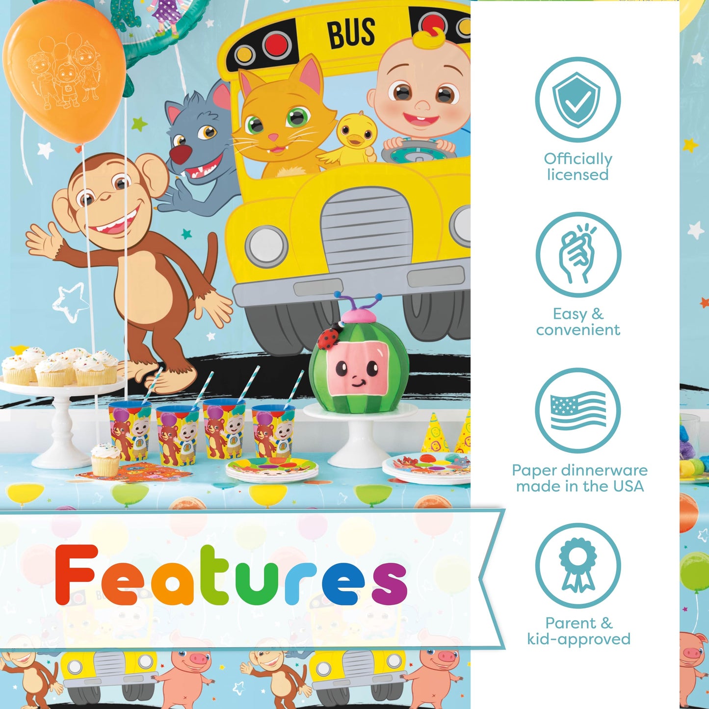 Cocomelon Party Supplies Set | Cocomelon Birthday Party Supplies and Decorations | Serves 16 Guests | With Banner, Table Cover, Plates, Napkins, Cups
